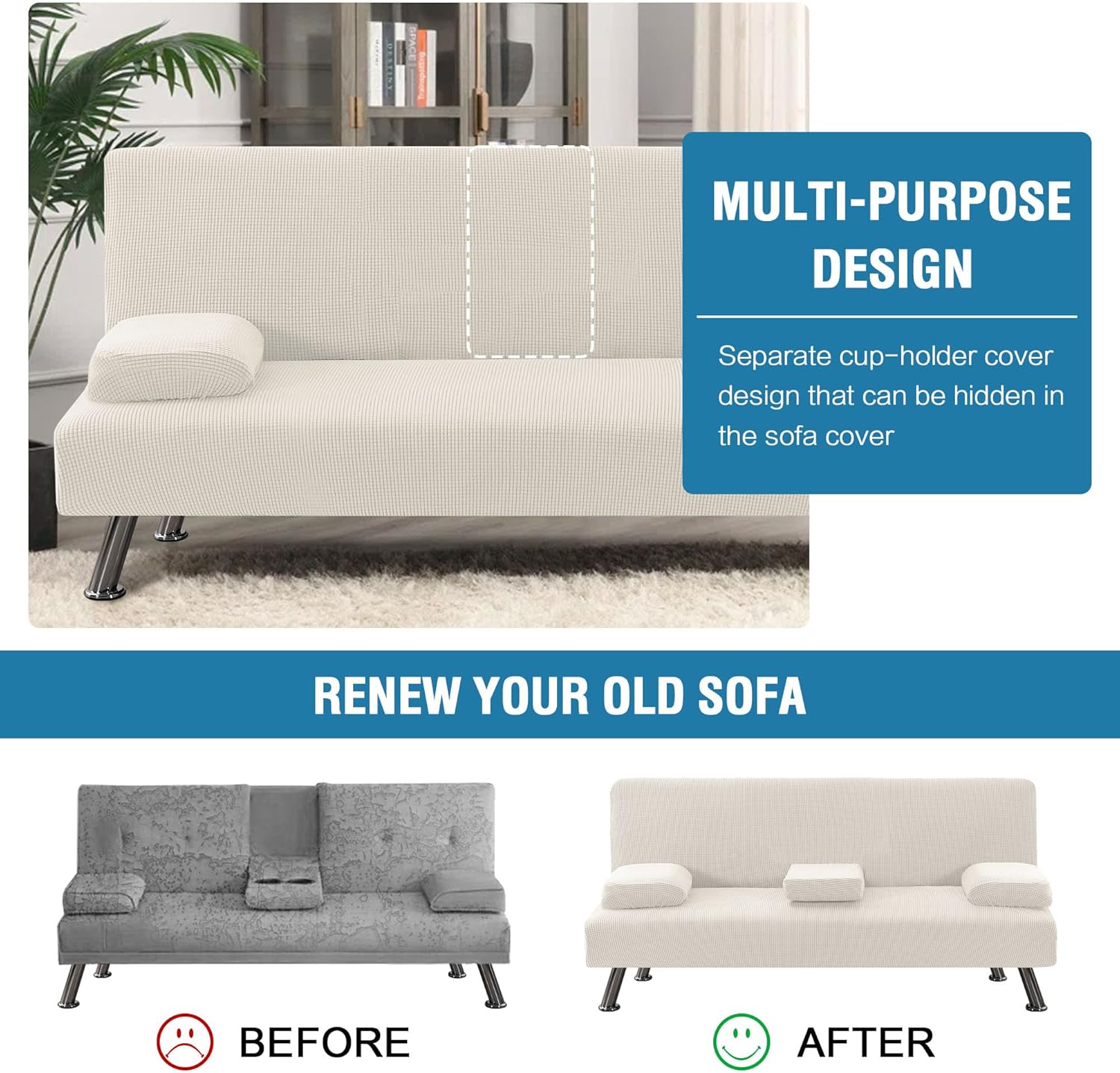 LiveGo Futon Cover 4 Pieces Stretch Futon Covers Sofa Bed Slipcover with Removable Armrests and Cupholders Covers Furniture Protector High Spandex Small Checks Jacquard Fabric (Ivory)