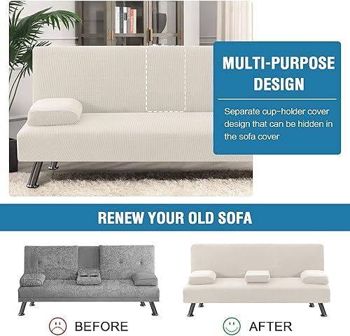 Miniatura 5 de H.VERSAILTEX 4 fundas elásticas para futón, funda para sofá cama con reposabrazos extraíbles y portavasos, protector de muebles de alta elastano con
