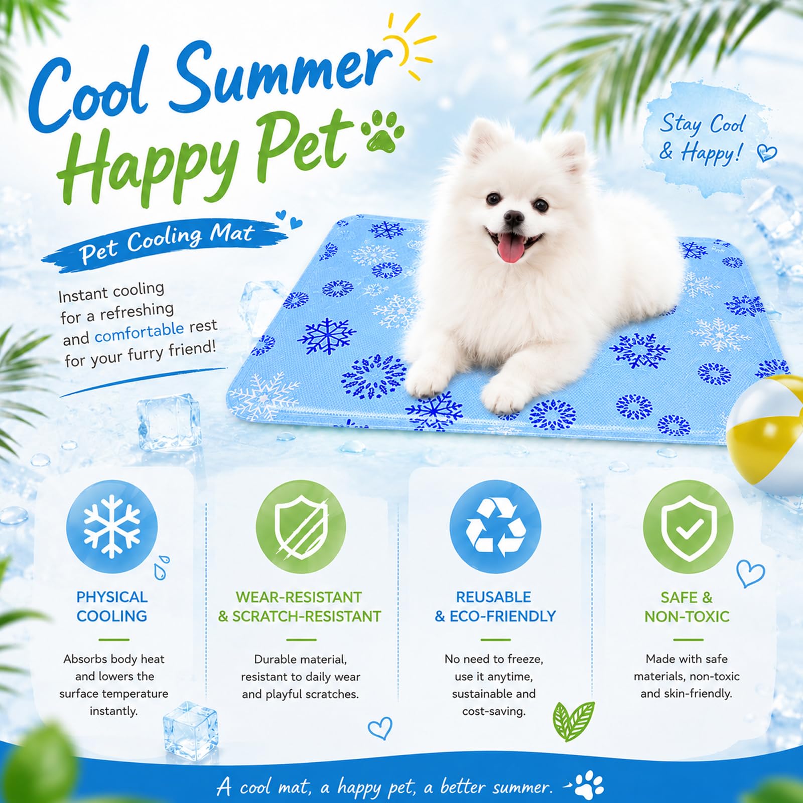 Alfombra Refrescante Perros y Gatos 50x40 cm, Alfombrilla Refrigerante con Gel no Tóxico, Cama Refrescante Perro Impermeable para Mascotas Pequeñas (Copos de Nieve Azules)