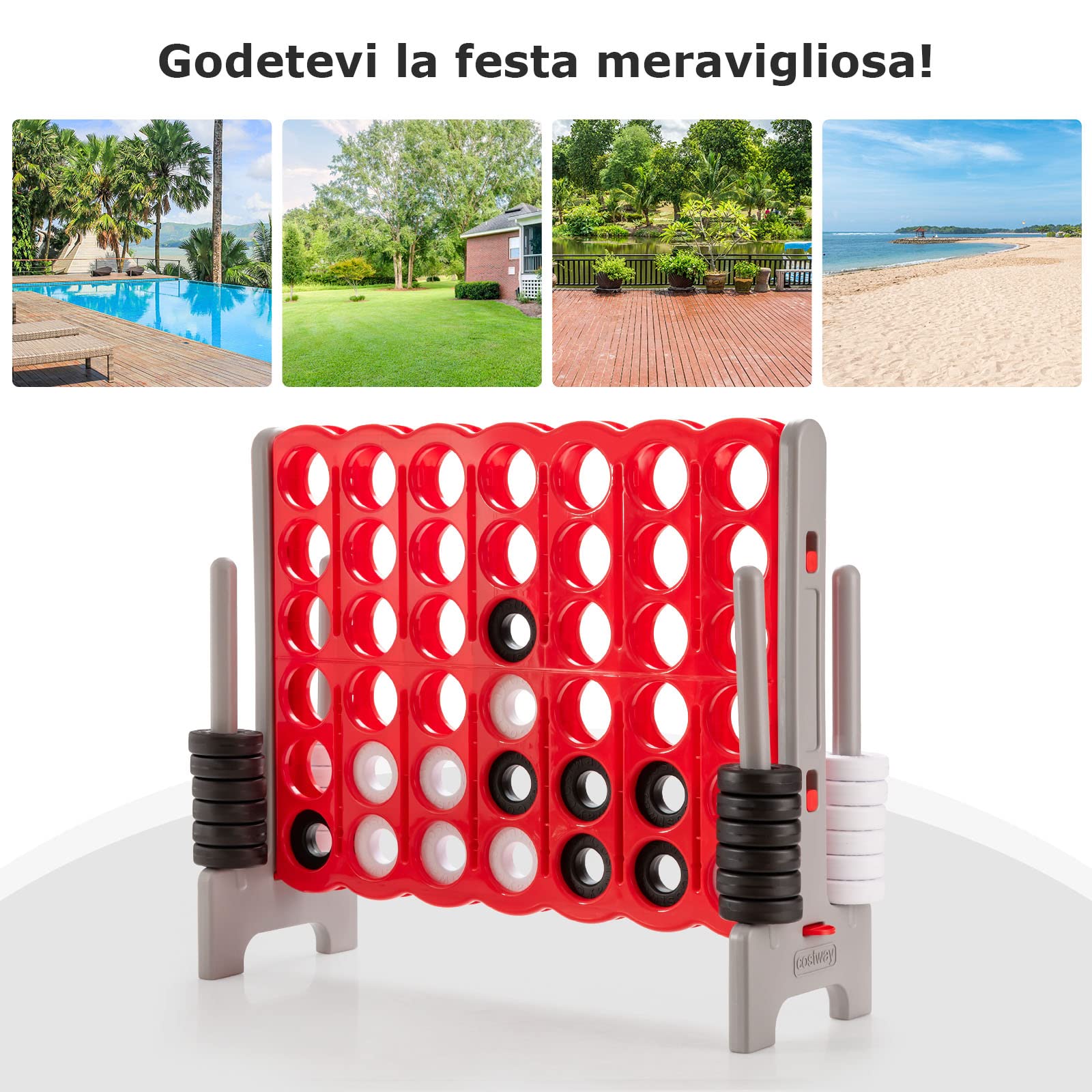 COSTWAY Forza 4 Gigante da Interno ed Esterno, Forza Quattro per Bambini e Adulti con 42 Anelli Giganti e Dispositivo di Scorrimento a Sgancio Rapido, Perfetto per Feste e Vacanze