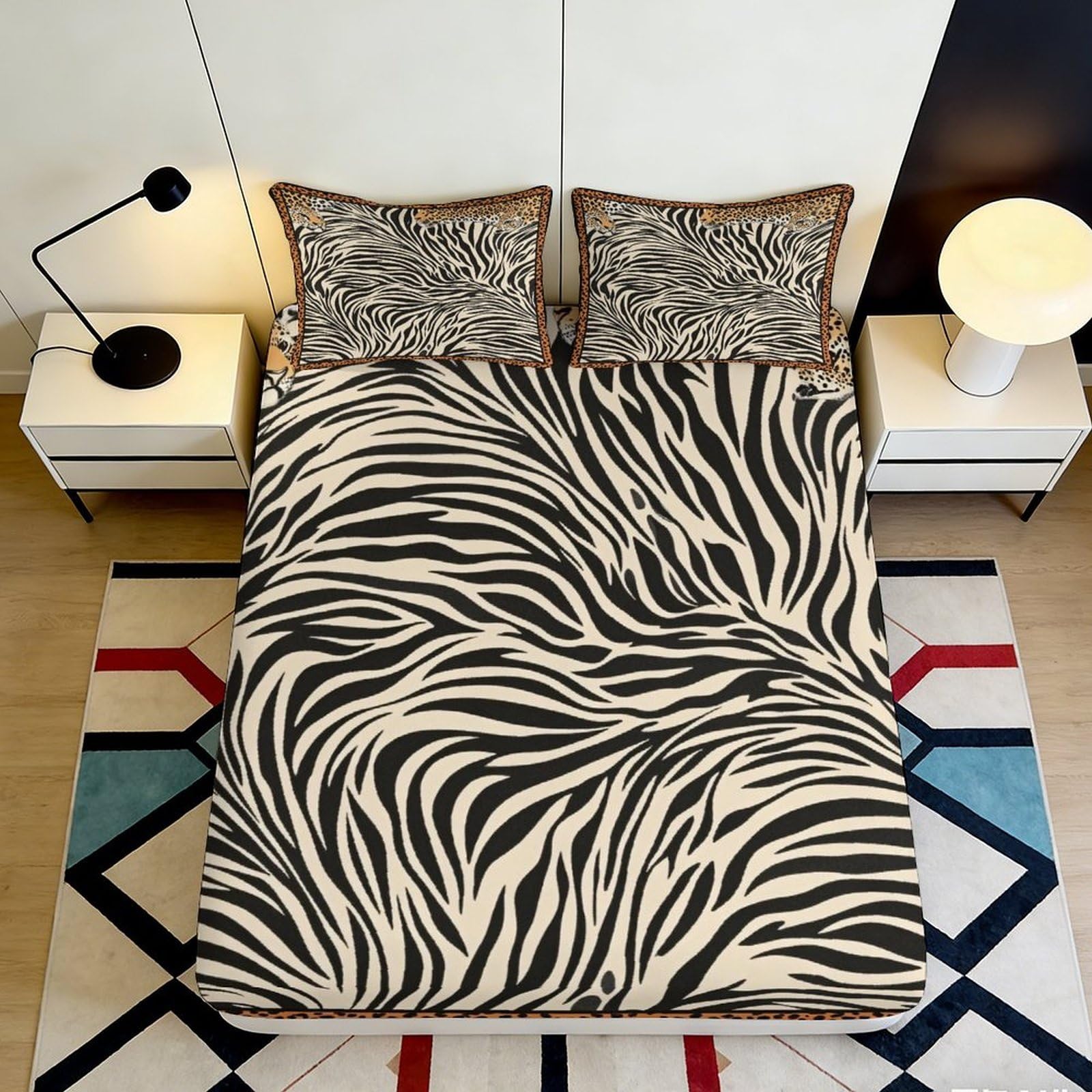 3D Printed Zebra Pattern Fitted Sheet Microfiber Deep Pocket Non-Slip Bedroom Bedding Zebra Mattress Fitted Cover Washable for Adults Teens 200x200x25cm