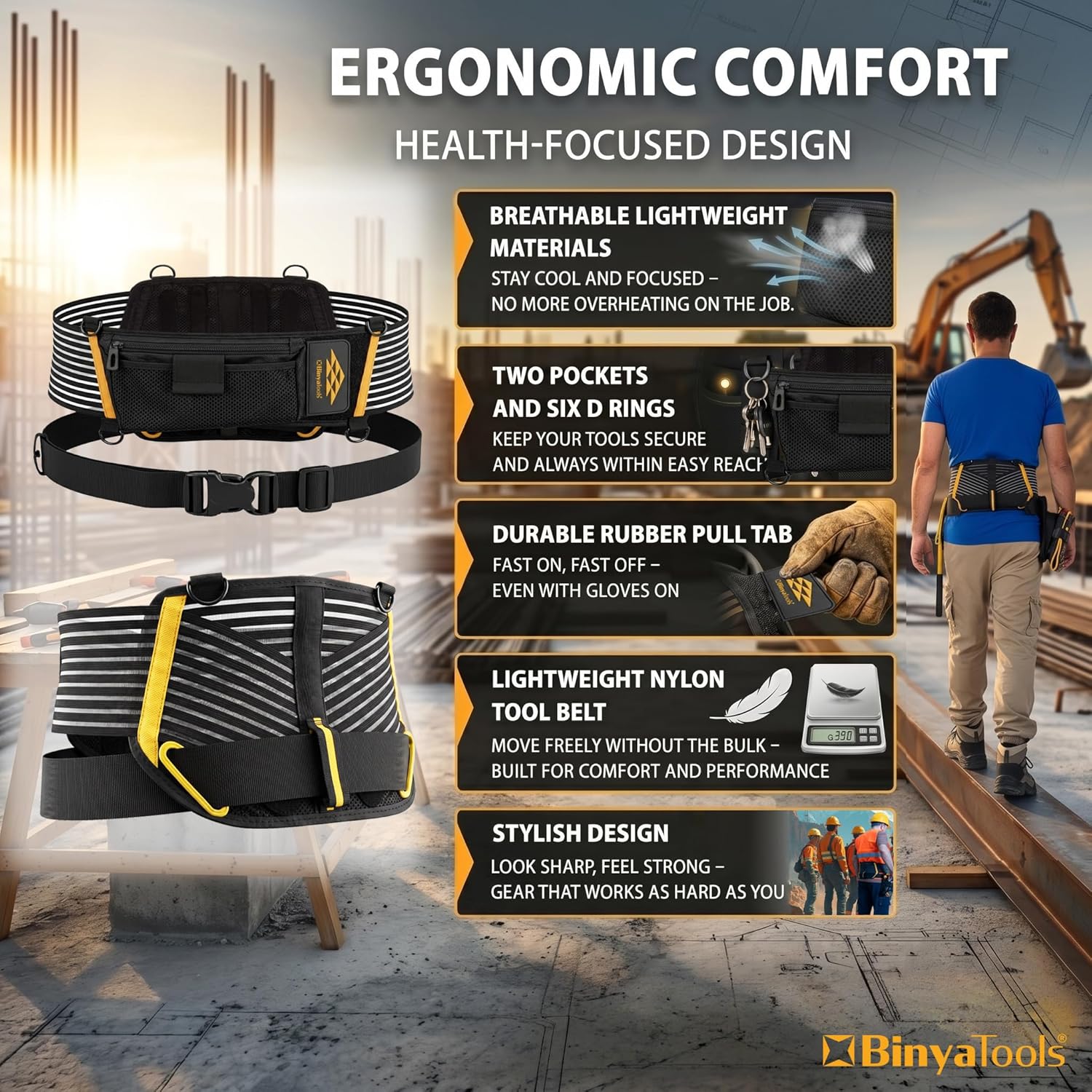 BINYATOOLS Tool Belt with Lumbar Back Support for Tradesman Pro Construction Electrician 2" Tool Belt for Men Orthopedic Lower Back Brace for Heavy Lifting Lightweight with D Rings and Pockets - Large