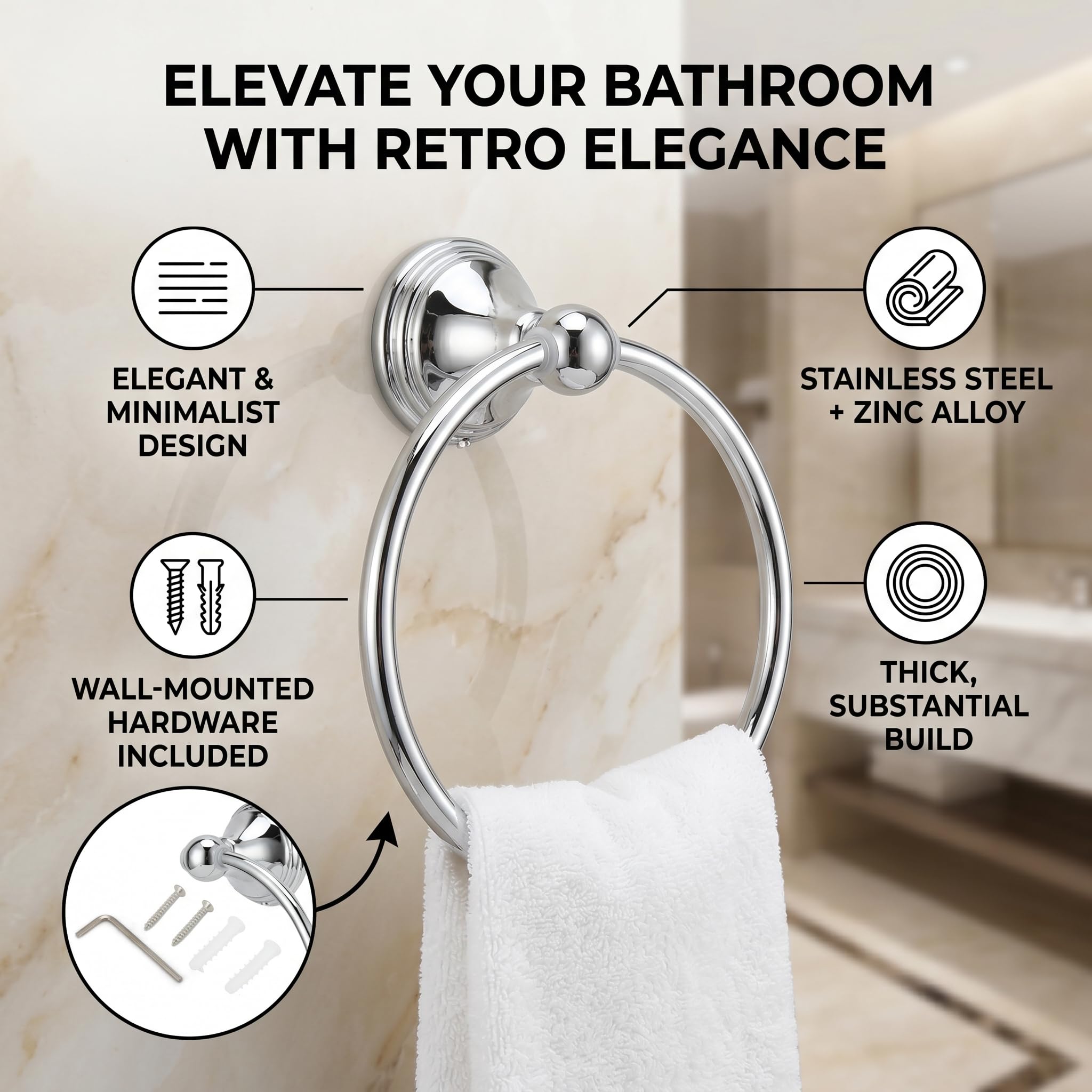 FTVOGUE Mano Toallero Estante Accesorios De Baño Estilo Retro Anillo Cromado 893
