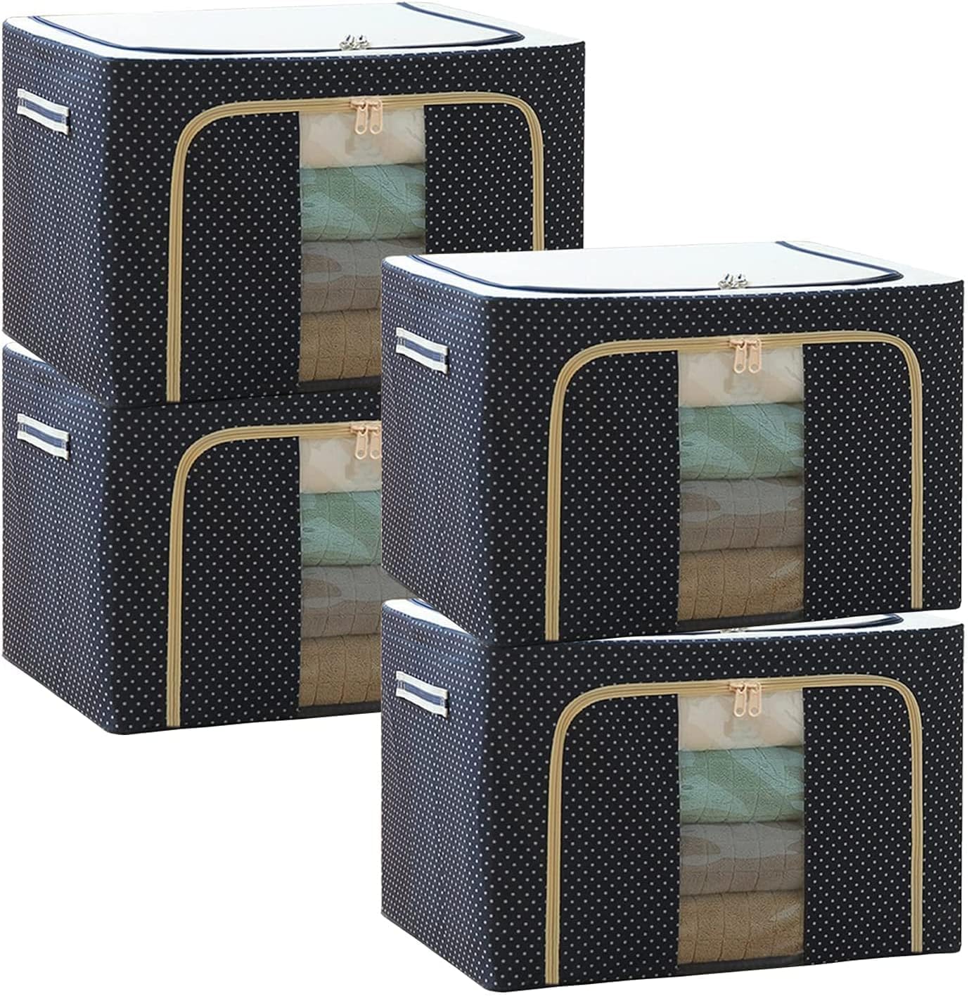 I K IMPEX 66 LTR Foldable Steel Frame Cloths Zip Organizer Bag and Oxford Fabric Storage Living Cover Boxes For Wardrobe Shelves Clothes, Sarees, Bed Sheet, Blanket (Pack of 4, ‎Blue Polka Dot)