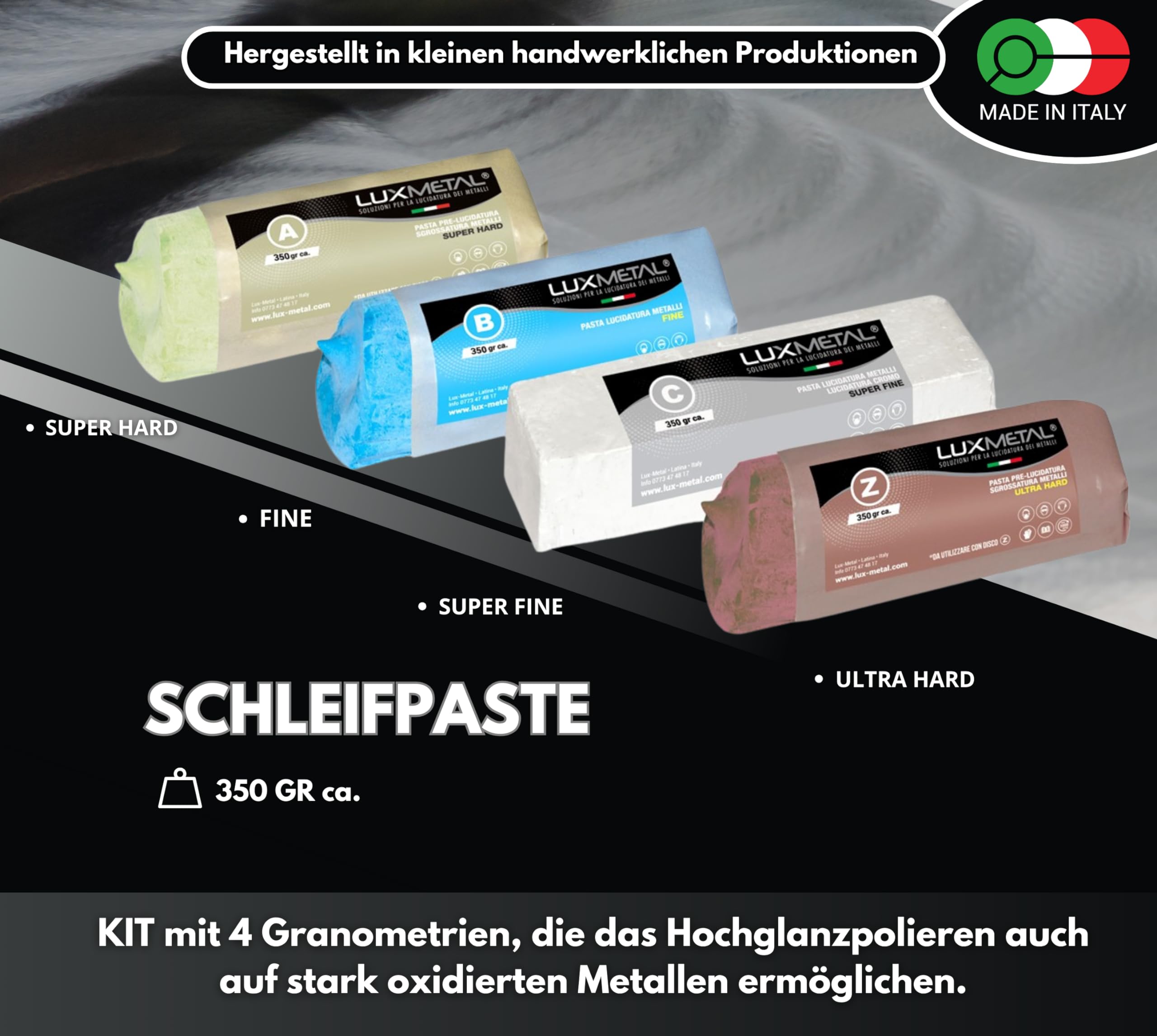 Lux Metal 4 polierpaste 350 g - 4 Polierscheibe 200 mm, Polierset set DIY kit Schleifpaste Metal Aluminium Bank Poliermaschine, Edelstahl, Messing, Kupfer, Holz, Kunststoff, schleifmaschinen, messer