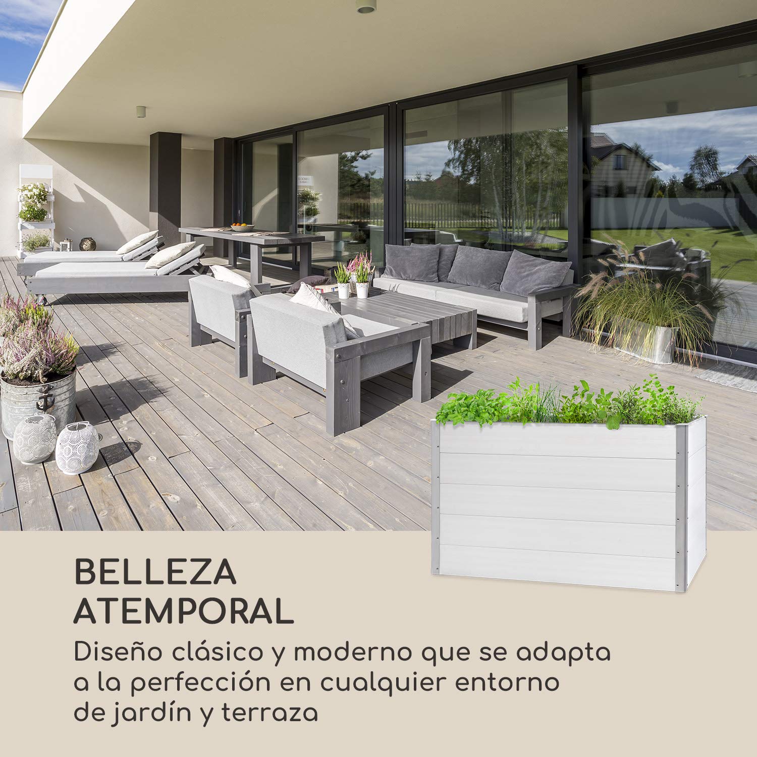 Blumfeldt Nova Grow Bancal de jardín, 150 x 91 x 100 cm (An x Al x Pr), Material: WPC con protección anti-UV, antioxidante y anticongelante, Aspecto de madera, Altura ergonómica, Montaje fácil, blanco