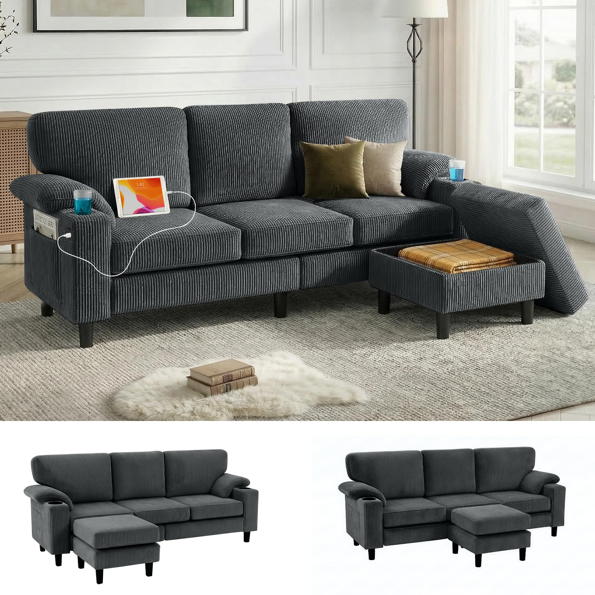 QSQG 80'' Modular Sectional Sofa, 3-Seater L-Shaped Couch with Storage Design,Corduroy Fabric and Movable Ottoman for Living Room, Office, Apartment,