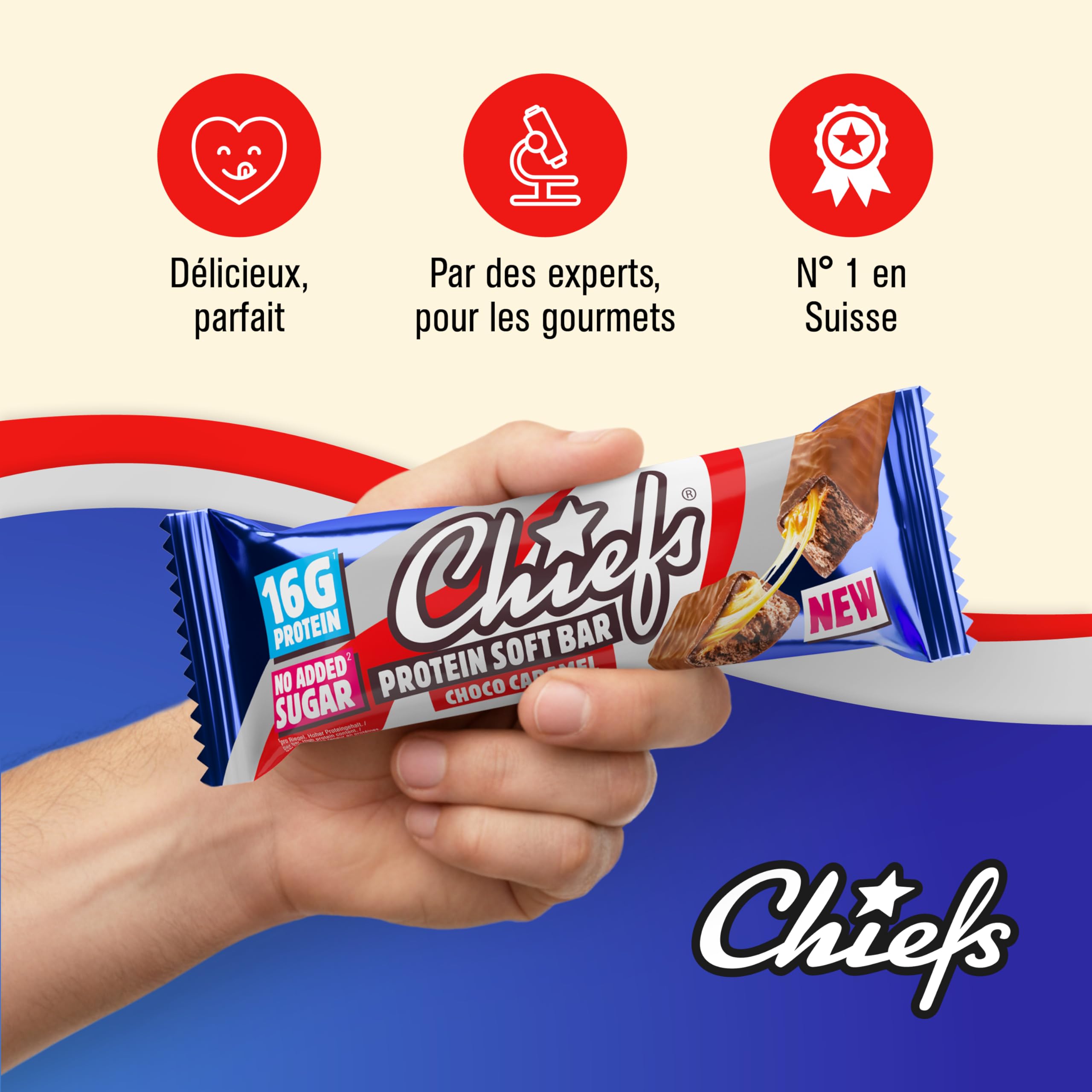 CHIEFS Barre Protéinée Soft - 16g Haute Protéine, Sans Sucre Ajouté, Sans Huile de Palme, Soft Bar Choco Caramel - 15 x 55g