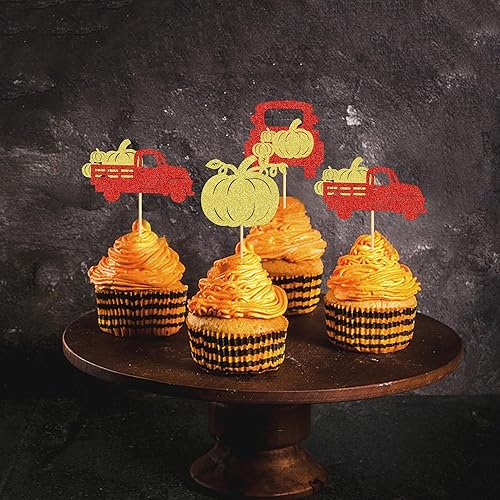 Miniatura 4 de Ercadio Paquete de 24 adornos de calabaza para cupcakes con purpurina roja para cosecha de otoño, calabaza, camión, cupcake para cosecha de otoño,