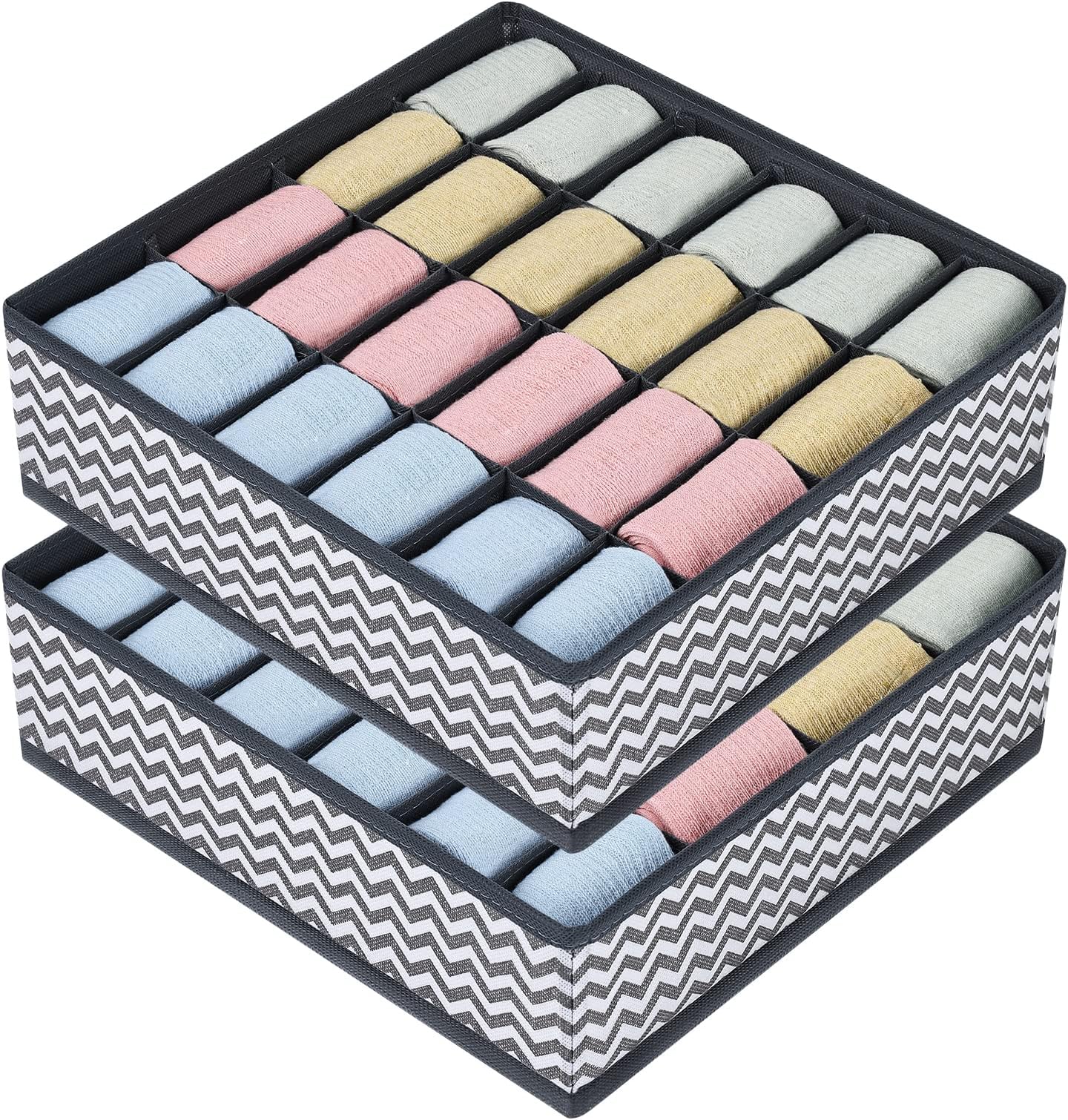 Joyoldelf Pack of 2 Collapsible Non-Woven Sock Organisers for Storing Socks, Scarves, Bra, 24 Compartments (Wave)