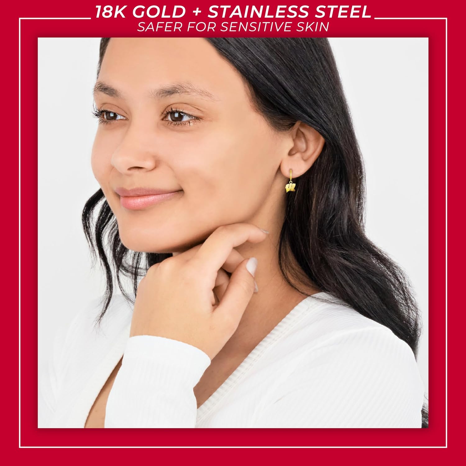 Stone Armory Earrings for University of Wisconsin Jewelry Gifts for Women, Graduation – Stainless Steel Skin-Friendly Wisconsin Badgers Earrings 18K Gold Finish Block W Hoops