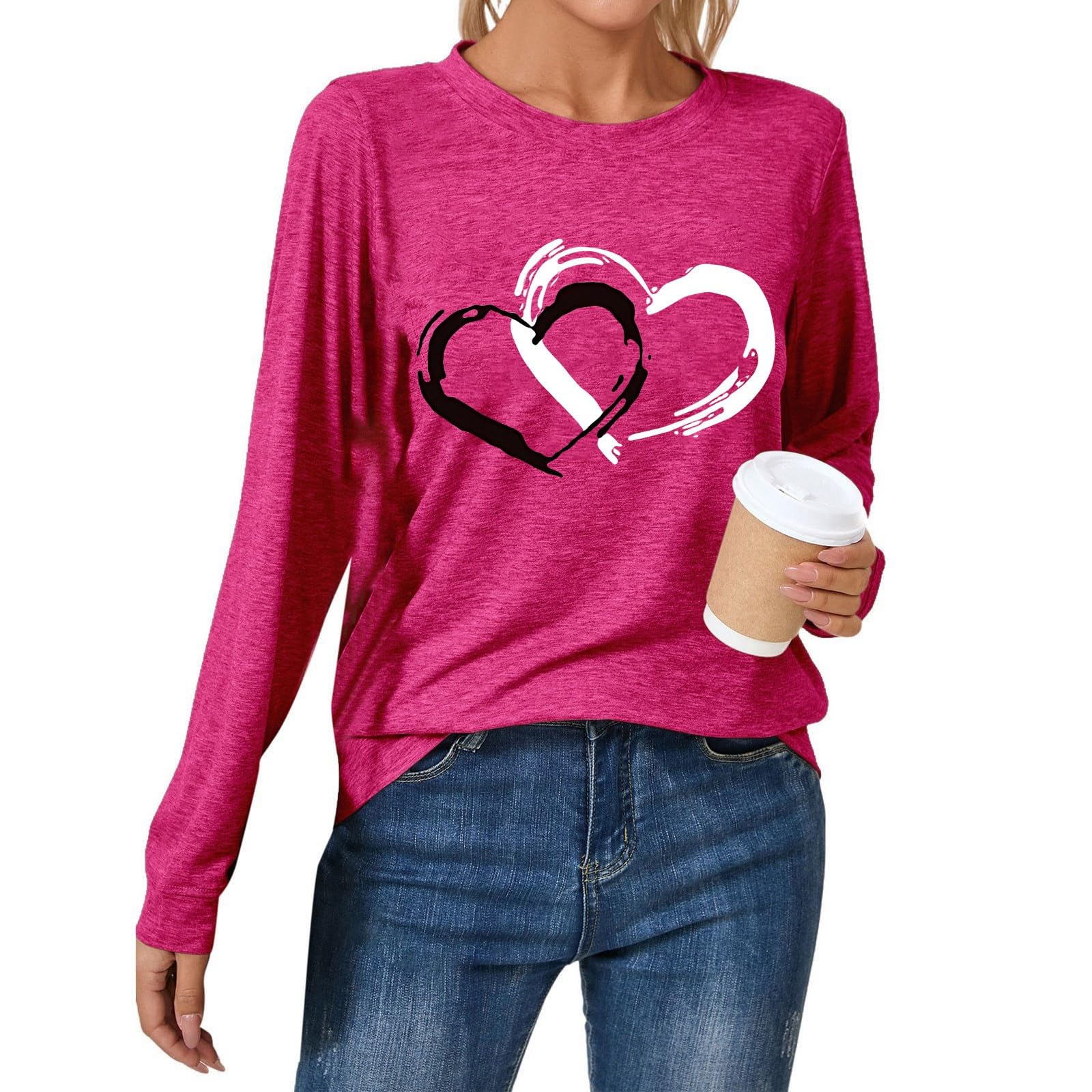 Women's Casual Fashion Round Neck Long Sleeve T Shirt Perfect for Valentine's Day Comfortable and Trendy Base Layer (S)