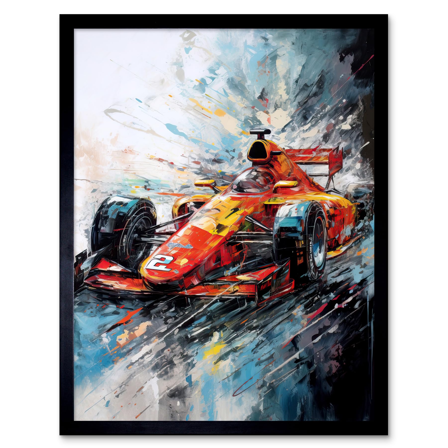 Artery8 Orange Race Car Grand Prix Action Shot Painting Art Print Framed Poster Wall Decor 12x16 inch