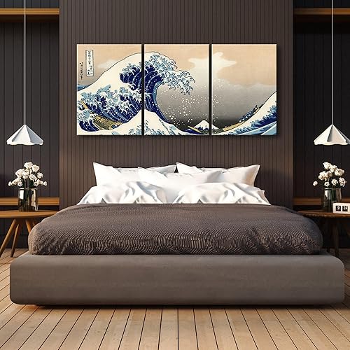 Vista 33 de Wieco Art Great Wave of Kanagawa Katsushika Hokusai 3 piezas modernas sobre lienzo estirado impresiones sobre lienzo, arte de pared para decoración