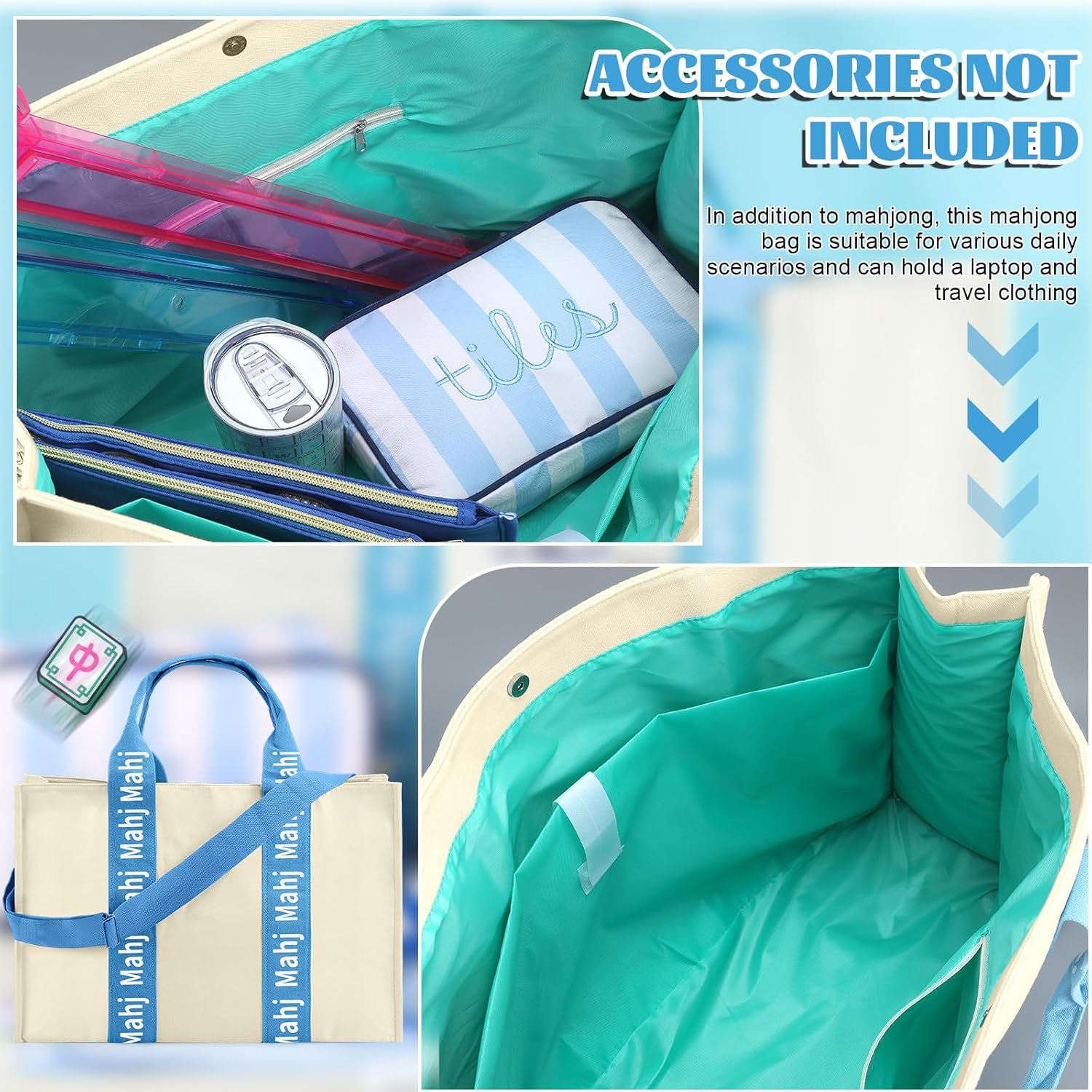 Empty Mahjong Bag for Tiles 22x15x6 Inches Thickened Canvas Mahjong Carrying Tote Bag with Lining and Thicker Handle for Enthusiasts Women or Men Party Supplies, Case Only(White and Light Blue)