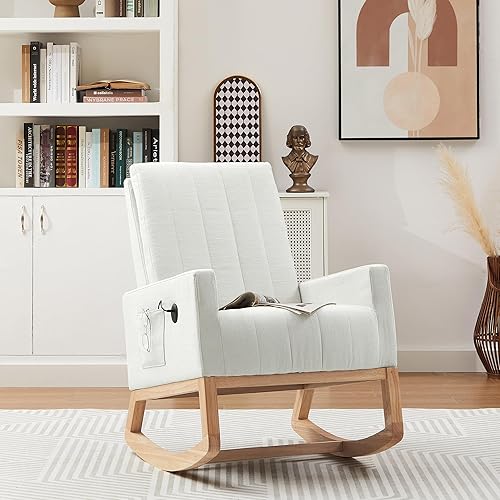 Miniatura 8 de VECELO Mecedora, mecedora tapizada para guardería, cómoda silla con base de madera maciza segura, puerto USBbolsillo lateral para sala de estar,