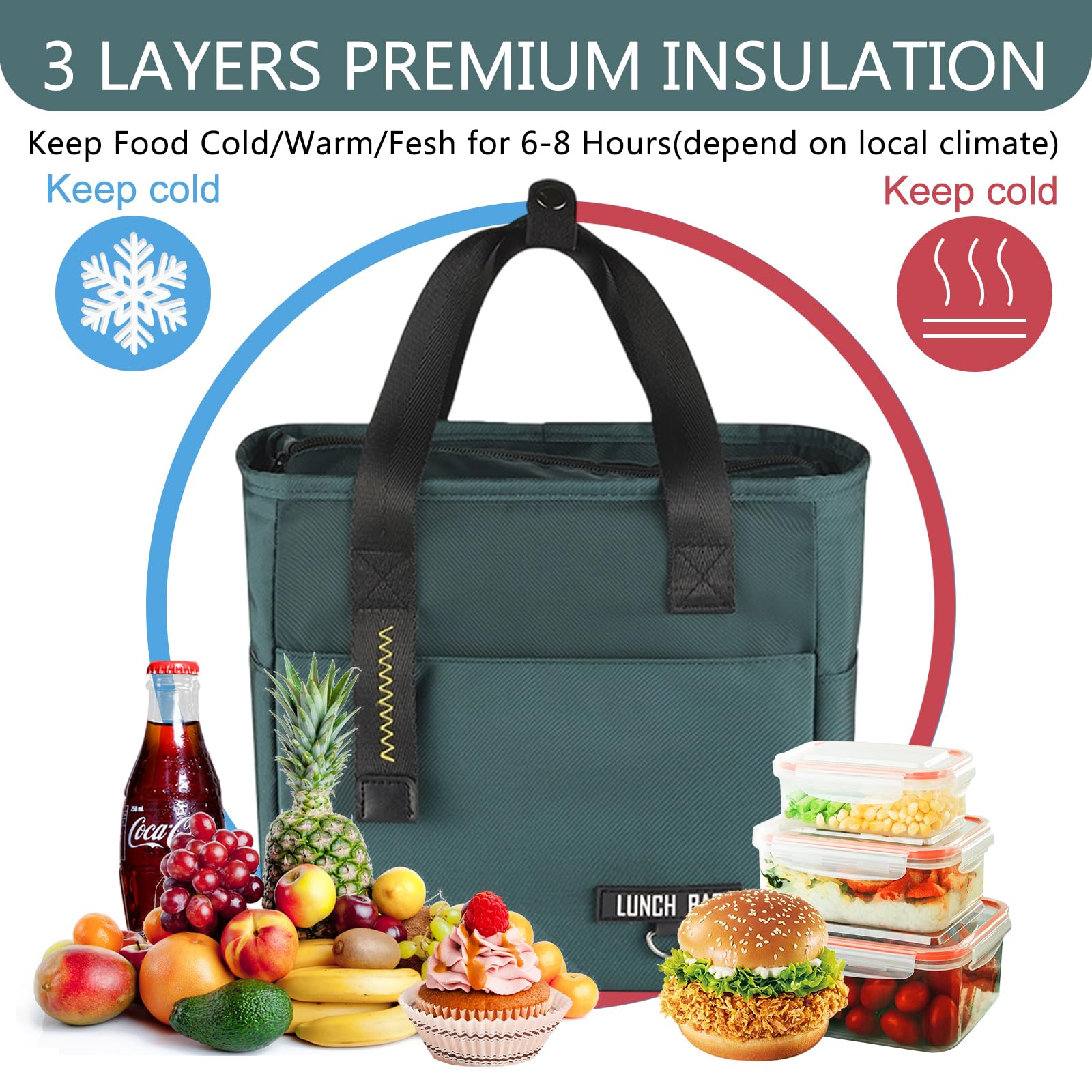 JSTHHTT Bolsa Termica Porta Alimentos, Lonchera Aislada Bolsa, Loncheras de Trabajo, Bolsa Comida Trabajo Viajes, Adecuado para el Trabajo, Viajes, Picnic, Oficina (Verde) — view 4