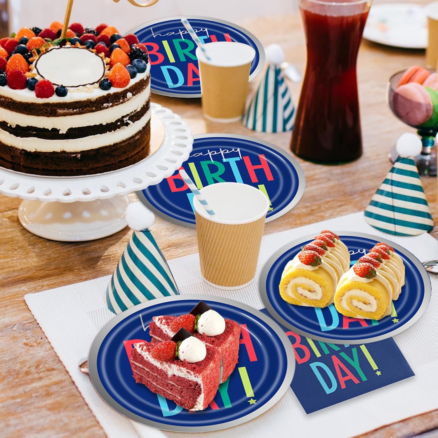 40Pcs Blue Happy Birthday Plates Napkins Set Navy Blue Happy Birthday 7 Inch Plates Disposable Paper Tableware Set Supplies for Men Party Baby Shower Decorations Serve 20