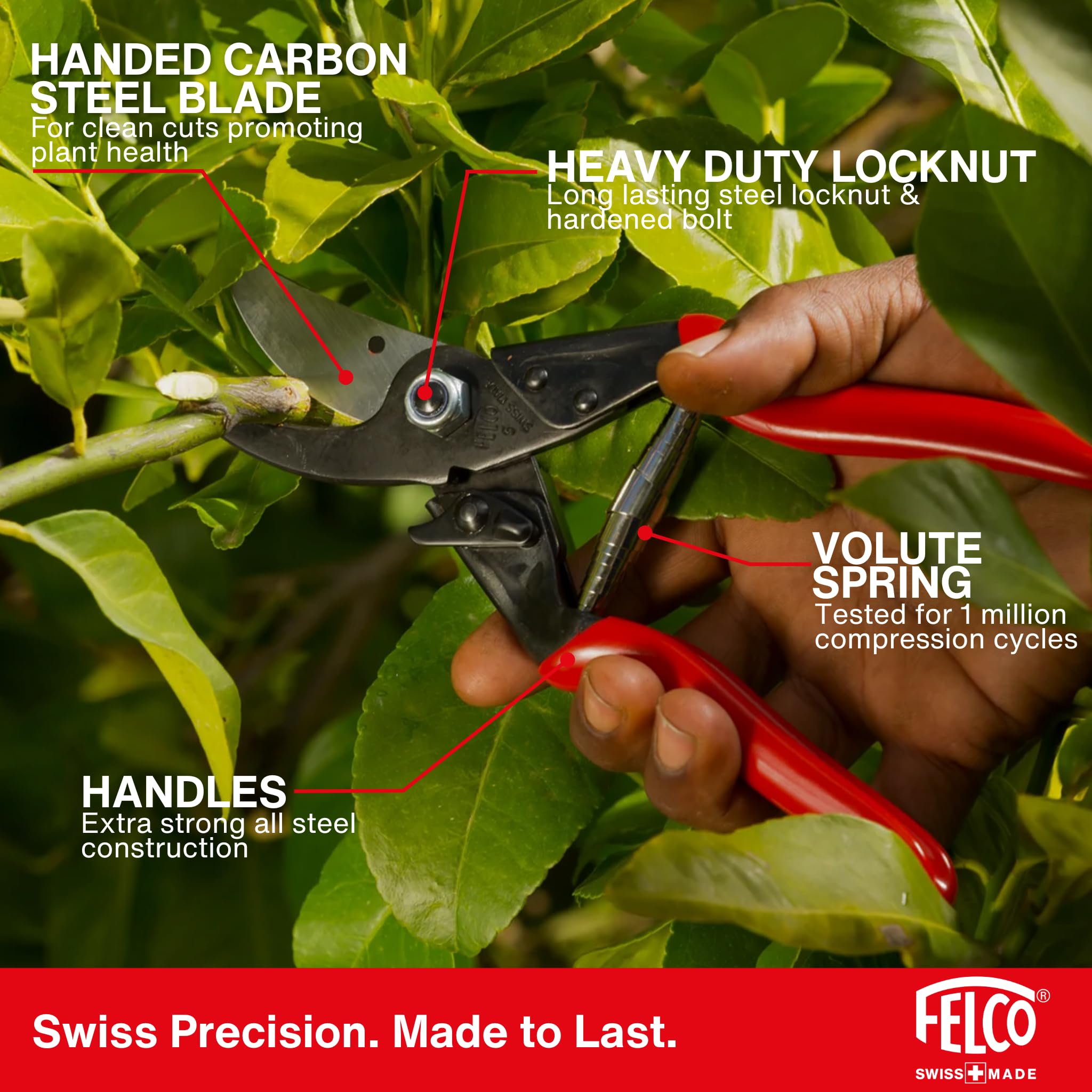 FELCO 5 robuste Gartenschere für große rechte Hände, 25 mm Schnittdurchmesser, 225 mm lang, schlanker Schneidkopf für schwer zugängliche Stellen, Stahlgriffe, sauber und kraftvoll schneiden