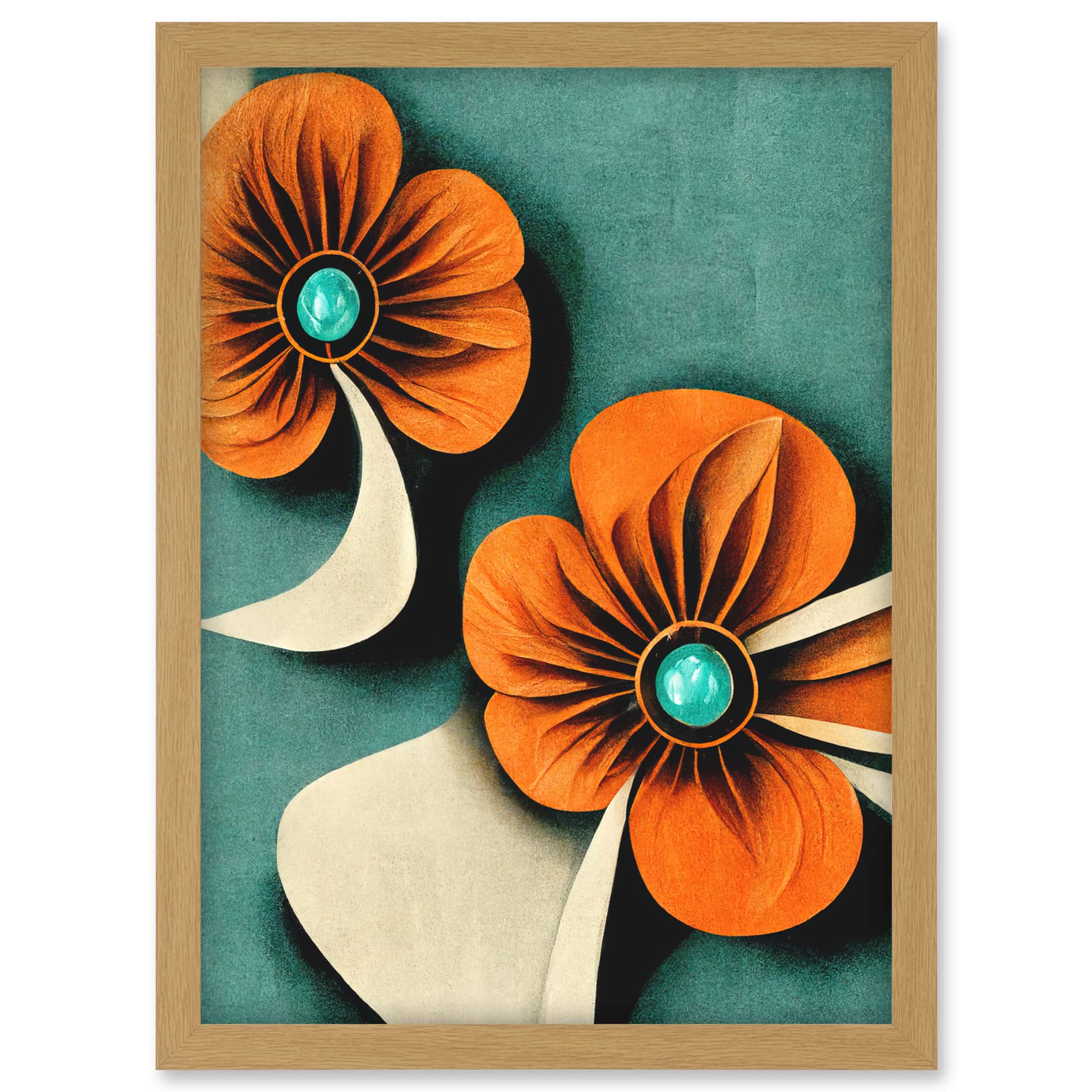 Doppelganger33 LTD Abstract Papercut Orange And Cream Flowers On Teal Artwork Framed A3 Wall Art Print