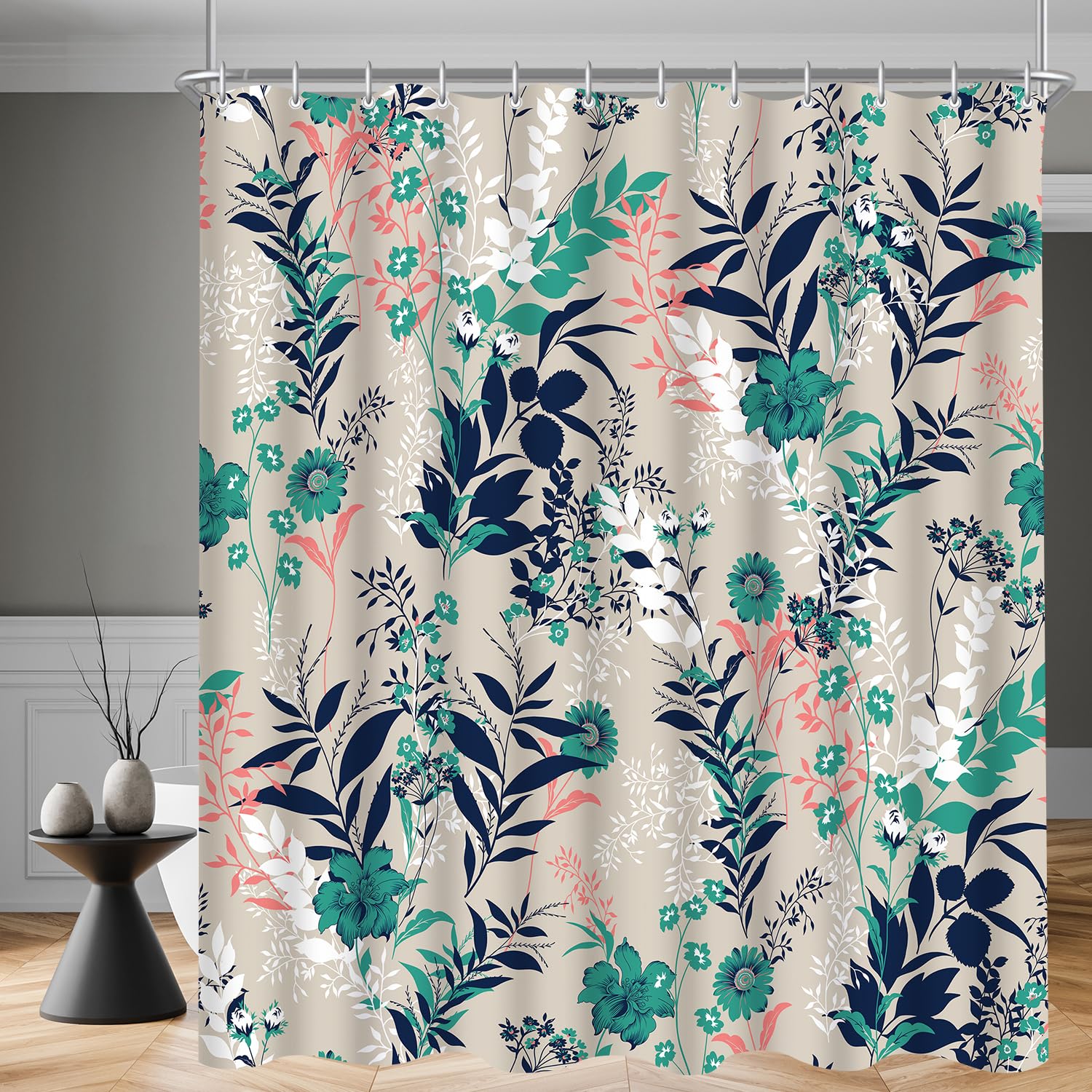 Lerores Shower Curtain, 180 x 200 cm, Blue Grass Flower Motif, Weighted Hem, Anti-Mould, Water-Repellent