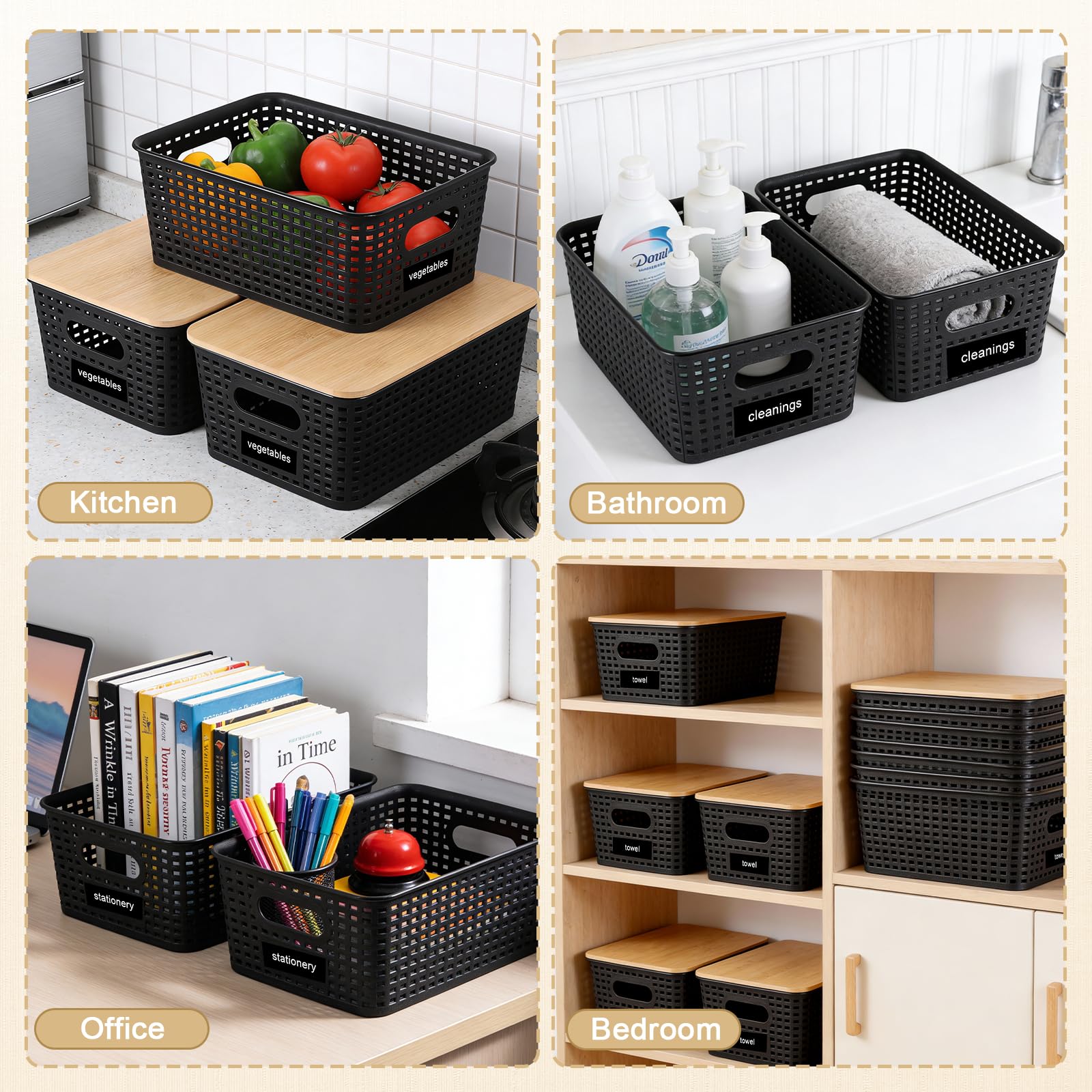 6 Pezzi Scatole Plastica con Coperchio Bambù, Organizer Cucina e Bagno, Impilabile Salvaspazio Cestino Vimini Contenitore Plastica con Bambù Coperchio per Armadio, Ufficio,Camera (Nero)