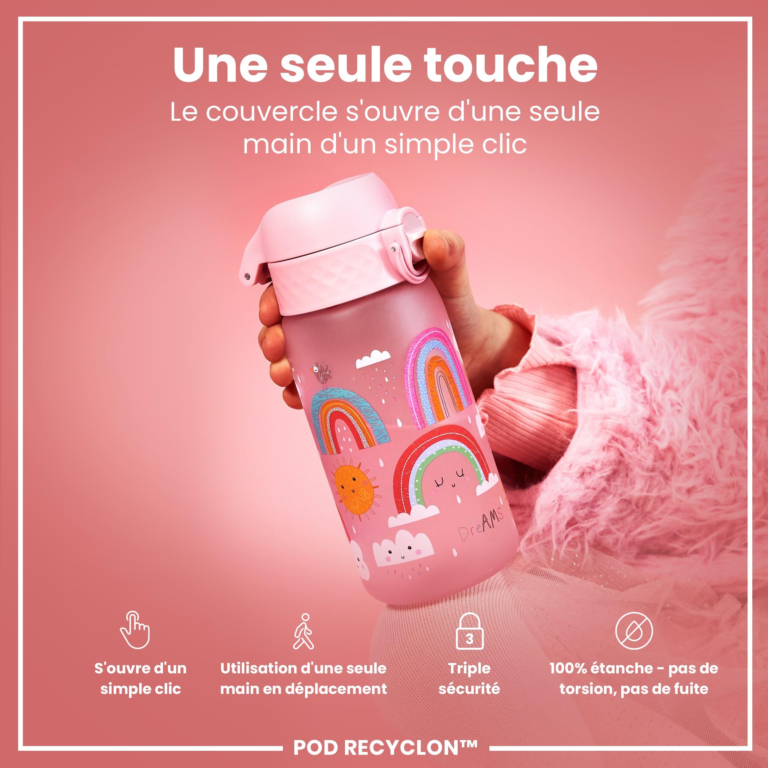 ION8 Gourde Enfant, 350ml, Anti-Fuite, Facile à Ouvrir, Verrouillage Sécurisé, Lavable en Lave-Vaisselle, Sans BPA, Poignée de Transport, Facile à Nettoyer, Carbone Neutre, Arcs-En-Ciel