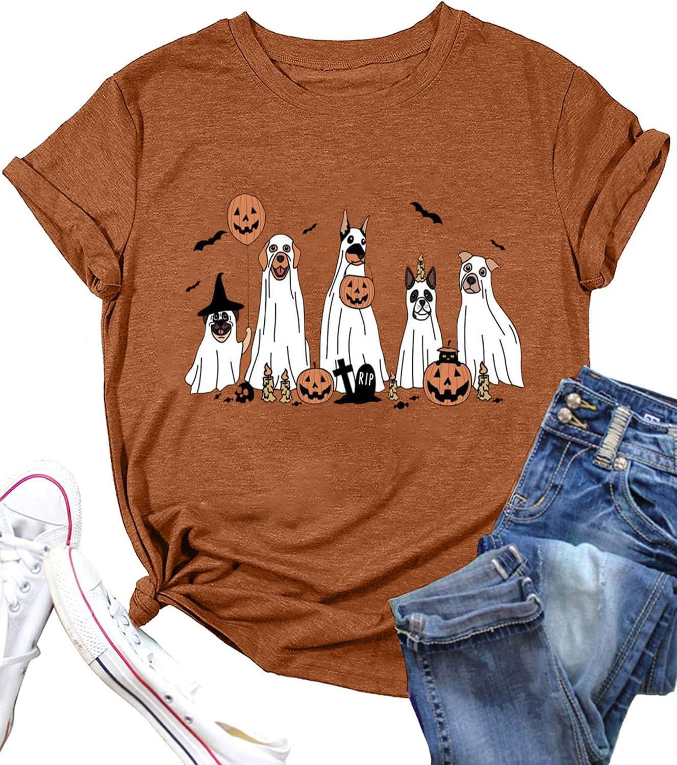 Halloween Shirts for Women Fall Pumpkin Graphic Tees Thanksgiving Short Sleeve Shirt Autumn Holiday Tops