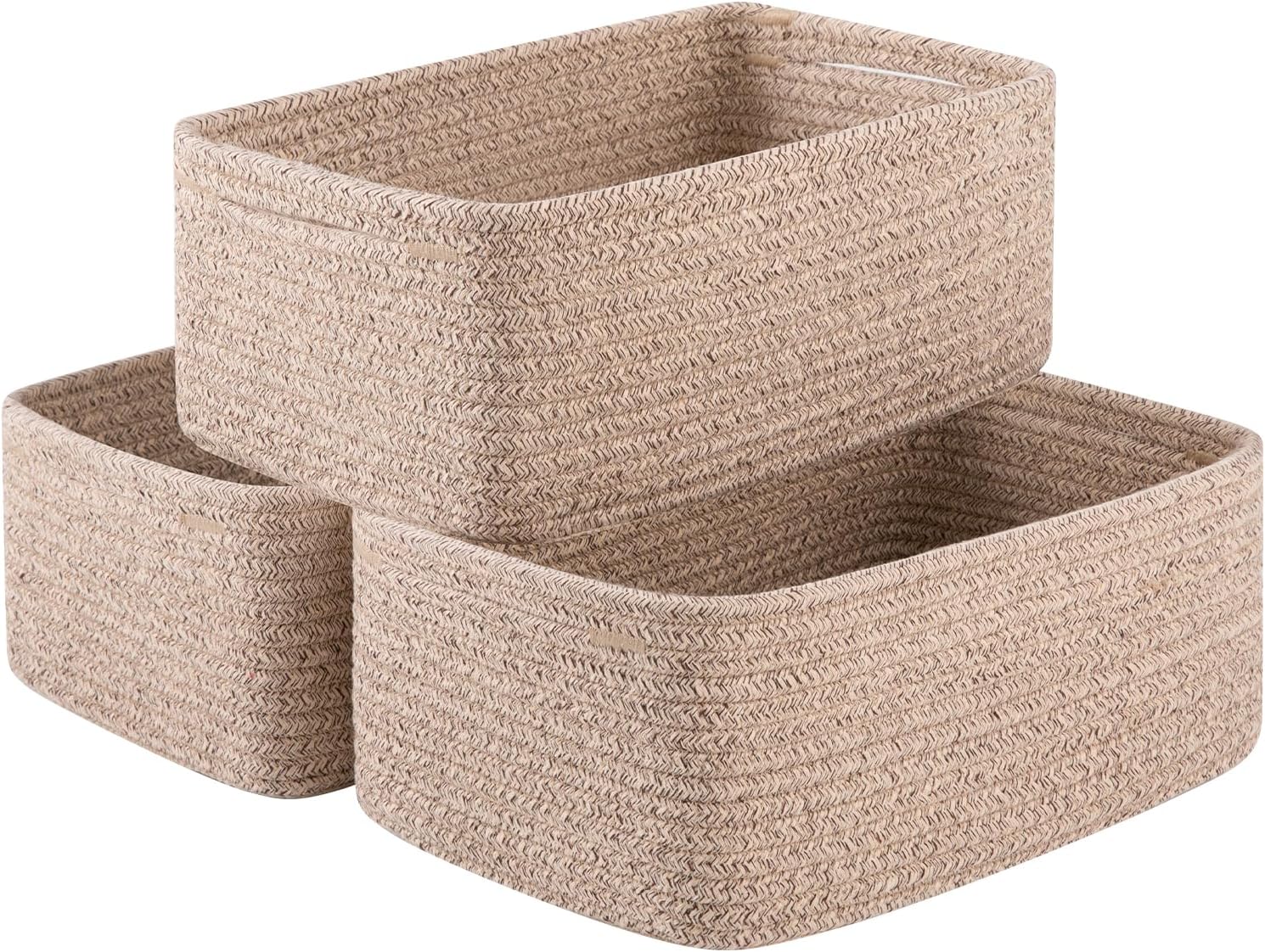 3 Pack Small Storage Baskets for Organizing, Cute Woven Decorative Gift Baskets for Shelves, Mini Closet Organizer Bins with Handles, 11.81”Lx7.87”Wx4.72”H-Brown