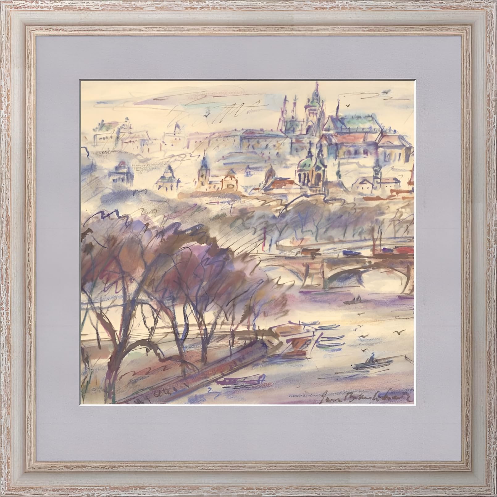 Jan B. Melichar PRAGA AQUARELL plakat | Wyspa Strzelecka i Hradczin | ręcznie robione farby akwarelowe Pragi, wyjątkowy obraz, oryginalne dzieło