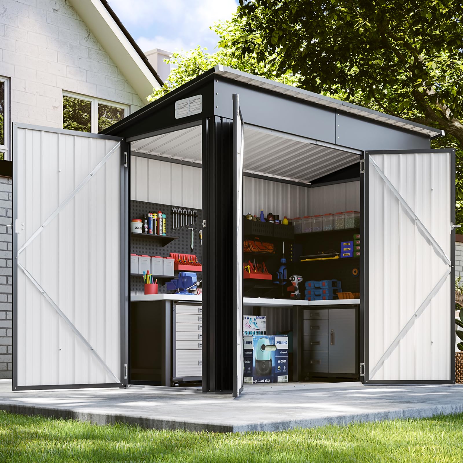 Breezestival 8'x4' Shed Galvanized Steel Storage Sheds with Triple Doors Utility Sheds for Vertical Storage, Dual Lock Lean to Shed with Sloped Roof