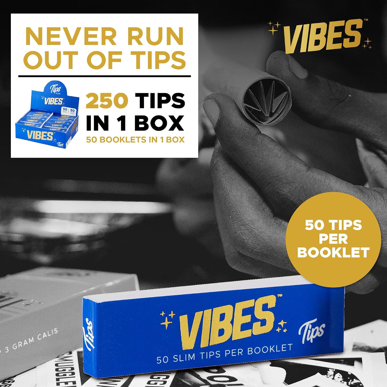 Vibes - Vibes Rolling Papers Tips - 250 Total Tips, Premium Quality, Enhanced Airflow, No-Mess, 50 Booklets Box