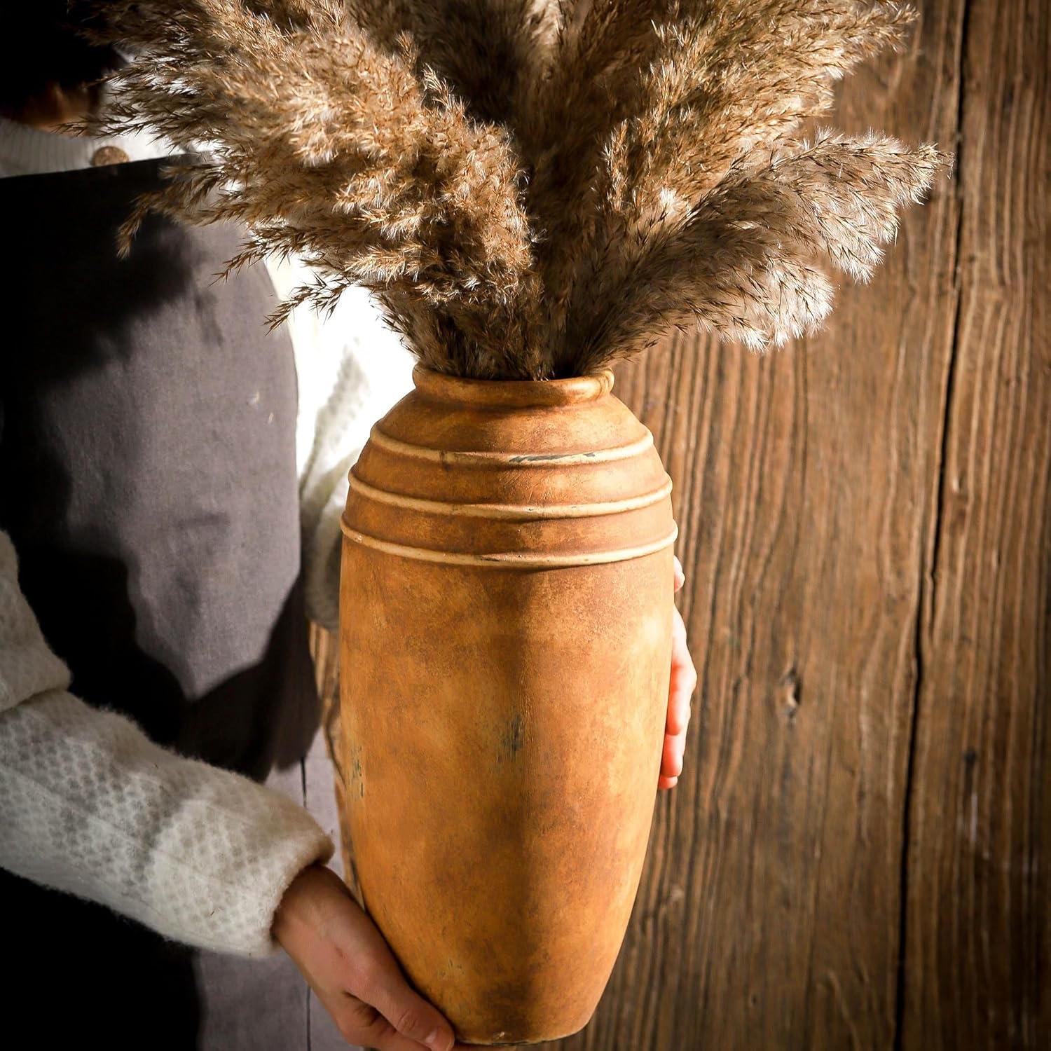 Large Ceramic Flower Vase, 12.87 inch Terracotta Vase, Rustic Farmhouse Vintage Vases for Home Decor, Living Room Shelf Decor, Enterway, Table Decoration