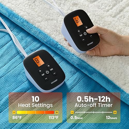 Miniatura 10 de WOOMER Manta térmica tamaño King, control doble, manta eléctrica de 90 x 100 pulgadas, piel sintética de doble cara y sherpa, protección contra