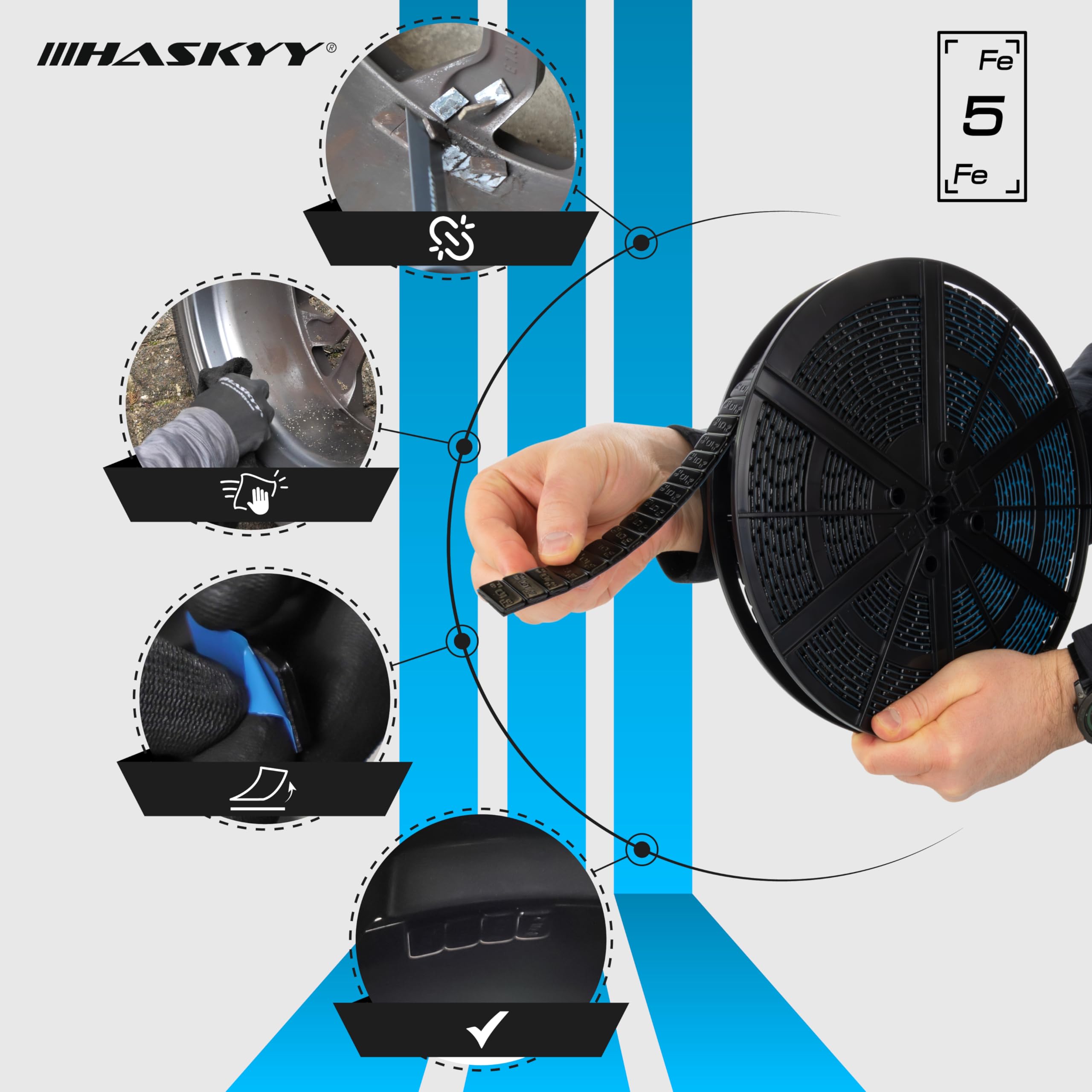 HASKYY 5 kg de masses d'équilibrage adhésives autocollantes 1000 x 5 g Noir Rouleau de poids avec bord détachable, poids d'équilibrage 19 mm de long, barrette adhésive pour jantes en acier et en