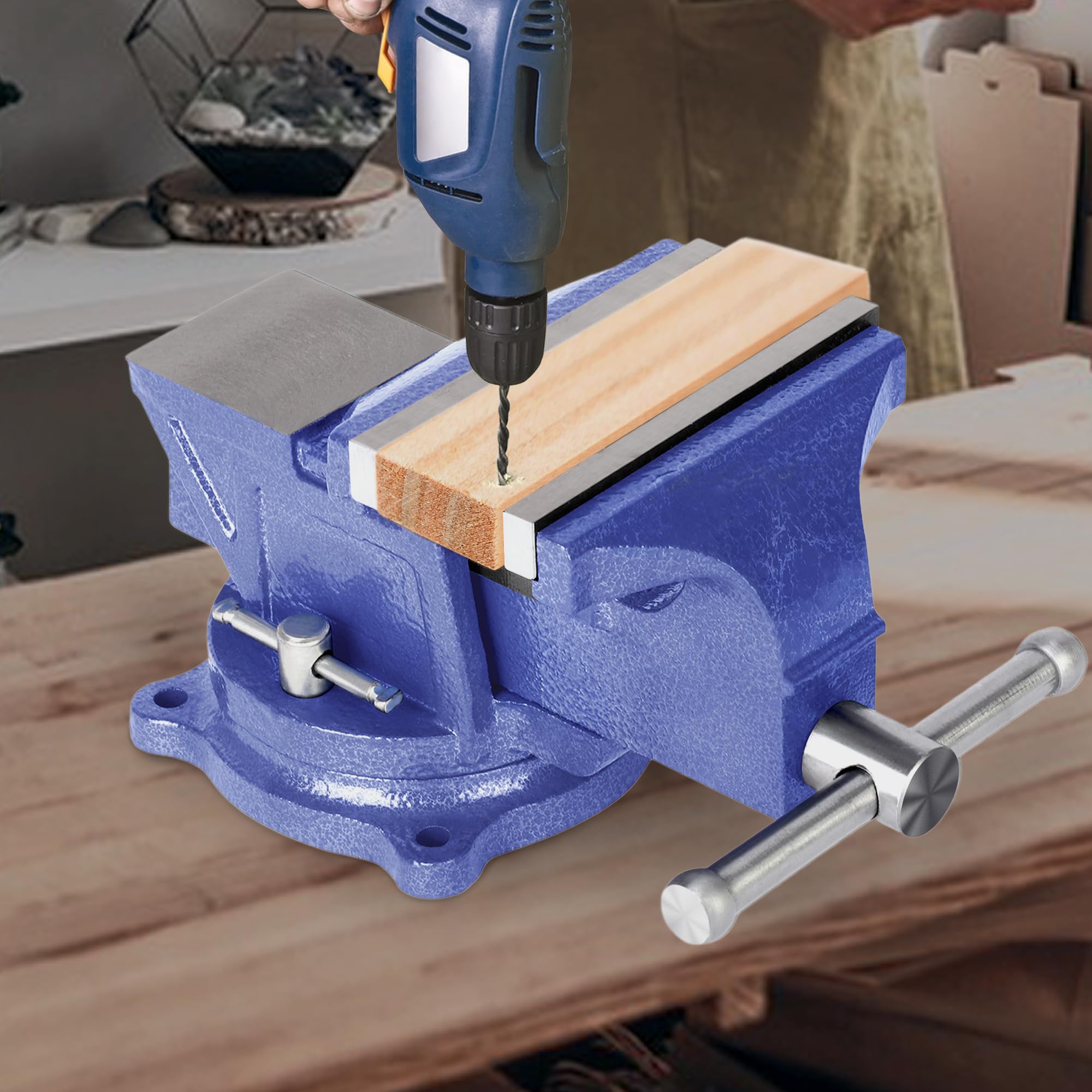 Nisorpa Morsa da Banco 125 mm,Fresatrice di Serraggio con Base Girevole a 360 Gradi,morsa da tavolo Realizzato in ghisa,morsa da banco vinavil（blu）