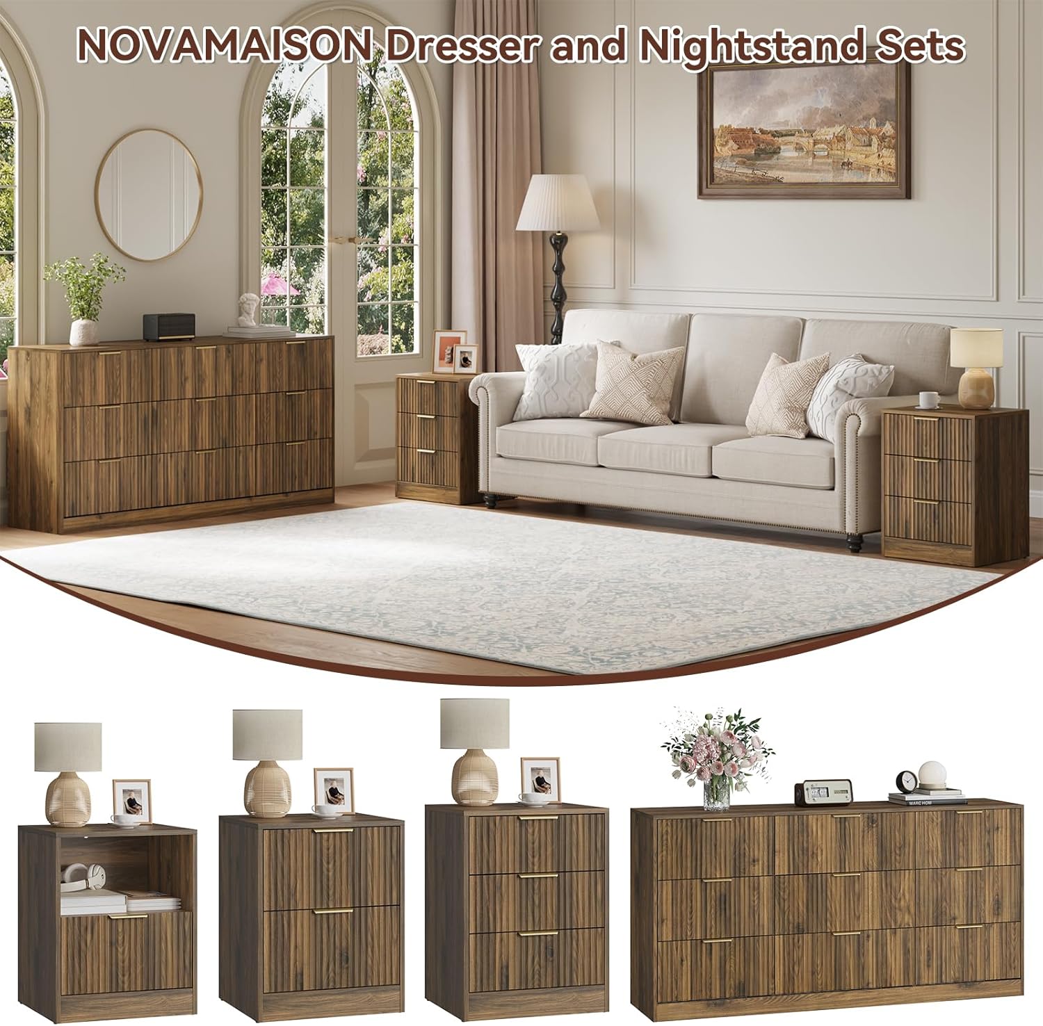 Close-up showing an open drawer, an anti-tipping device, and floor protectors on the furniture base