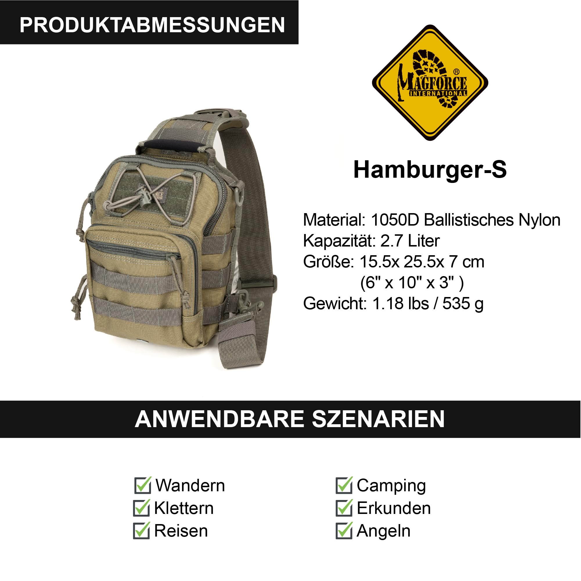 MAGFORCE Taktische Sling Bag „Hamburger Bag“ – Kompakte Schulter- und Brusttasche mit Molle-System, Leichtes Nylon, Große Kapazität, Mehrere Fächer, mit Tragegurt Khaki-Laub, Größe S – 1050D