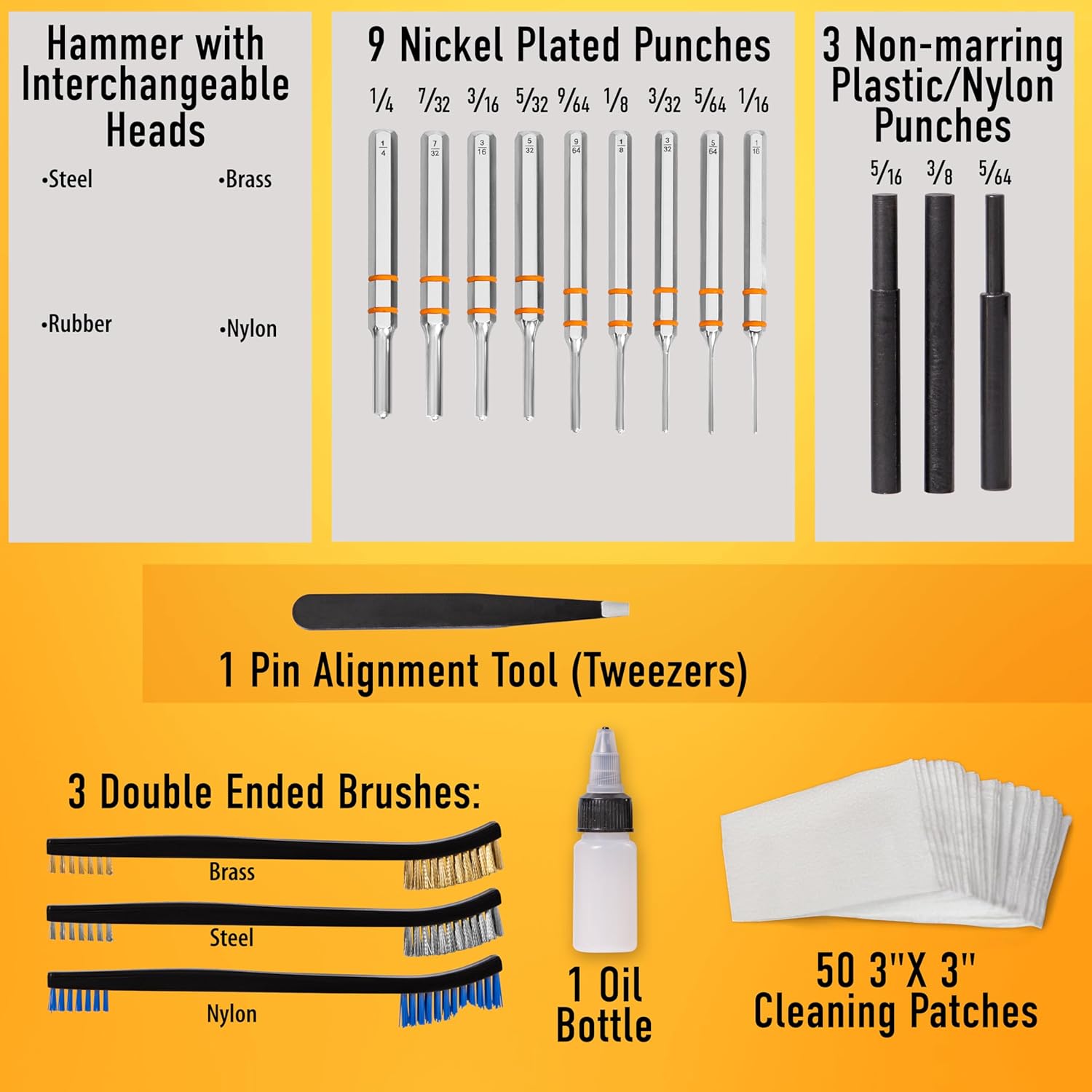 Deluxe Gun Cleaning/Gunsmithing Kit - Aluminum Bullet-Shaped Storage Case, Brass Rods, Wire Brushes, Mops, Adaptors, Slotted Patch Holders, Patches, Brush, Cleaning Pick, Empty Oil Bottle