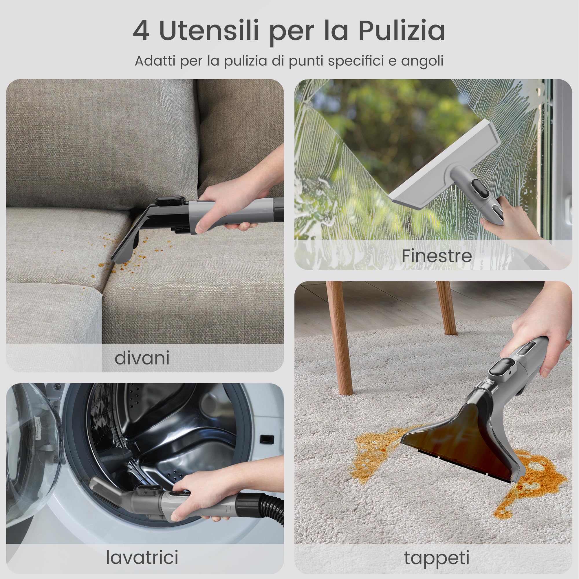 Kitcanis Lavatappeti 600W 78dB 15KPa Lava Tappezzeria con 4 Testine Intercambiabili, per Lavatappeti e Divani Lava e Asciuga, Auto, Moquette, Animali, Materassi e Altro