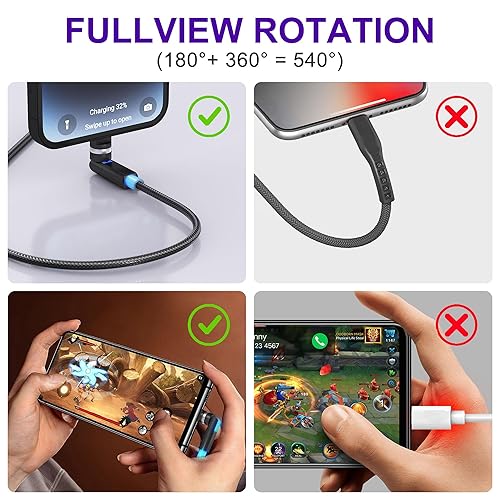 Miniatura 2 de Cable Lightning corto de 90 grados de 3.3 pies con cabezal giratorio de 360 grados carga rápida y datos MFi y 2.4A Cable de carga trenzado de nailon