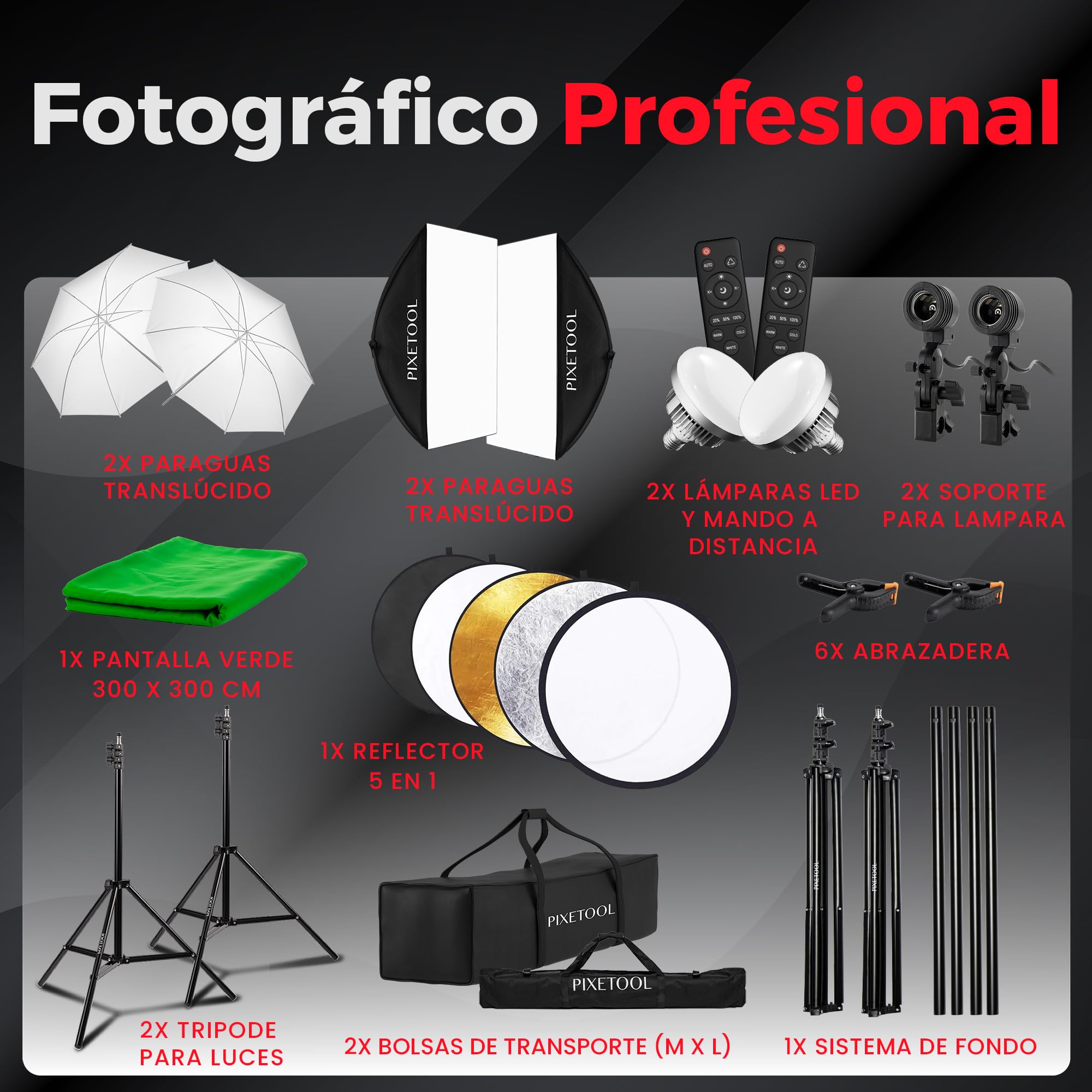 Set de Estudio Fotografía - Green Screen (3 x 3 m) con Soporte (3 x 2,6 m) - Softbox con Luces - Fondo Fotografia - Caja de Luz Fotografía - Accesorios Fotografia Gaming Streaming