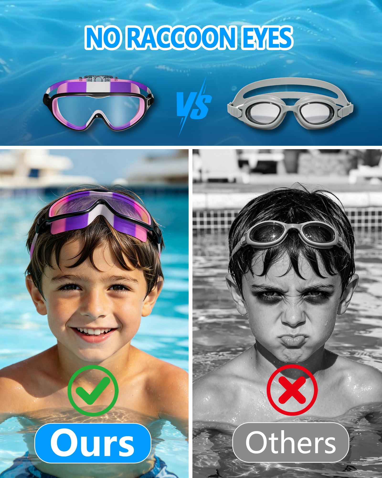 Schwimmbrille für Kinder von 3–15 Jahren mit großem Rahmen, Anti-Beschlag/UV, kein Auslaufen, Schwimmbrille für Jungen, Mädchen, Jugendliche, Kleinkinder (2 Stück)