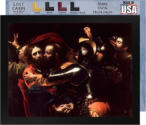 Caravaggio Lost Cabin The Taking of Christ Impresión en marco plano negro Reproducción de pinturas de obras de arte finas Póster decorativo