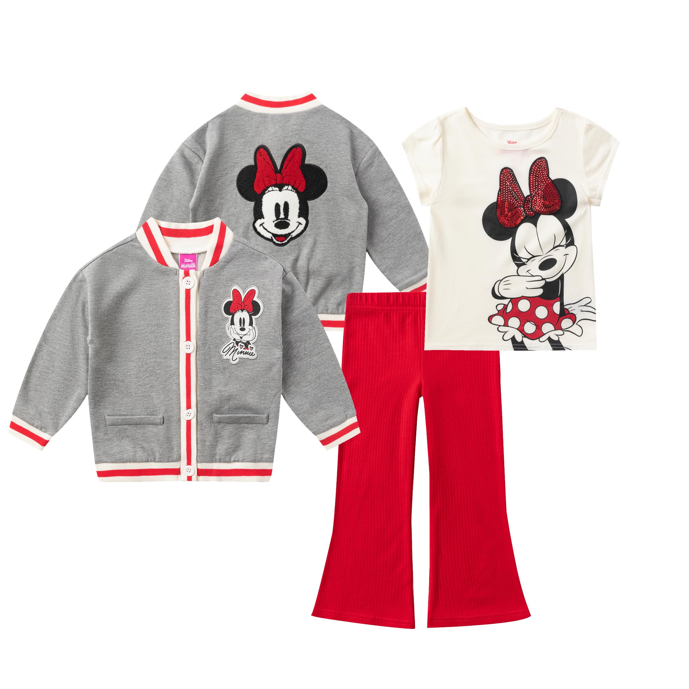 Disney Minnie Mouse - Set da 3 pezzi con leggings svasati, cardigan e maglietta con paillettes, per bambine
