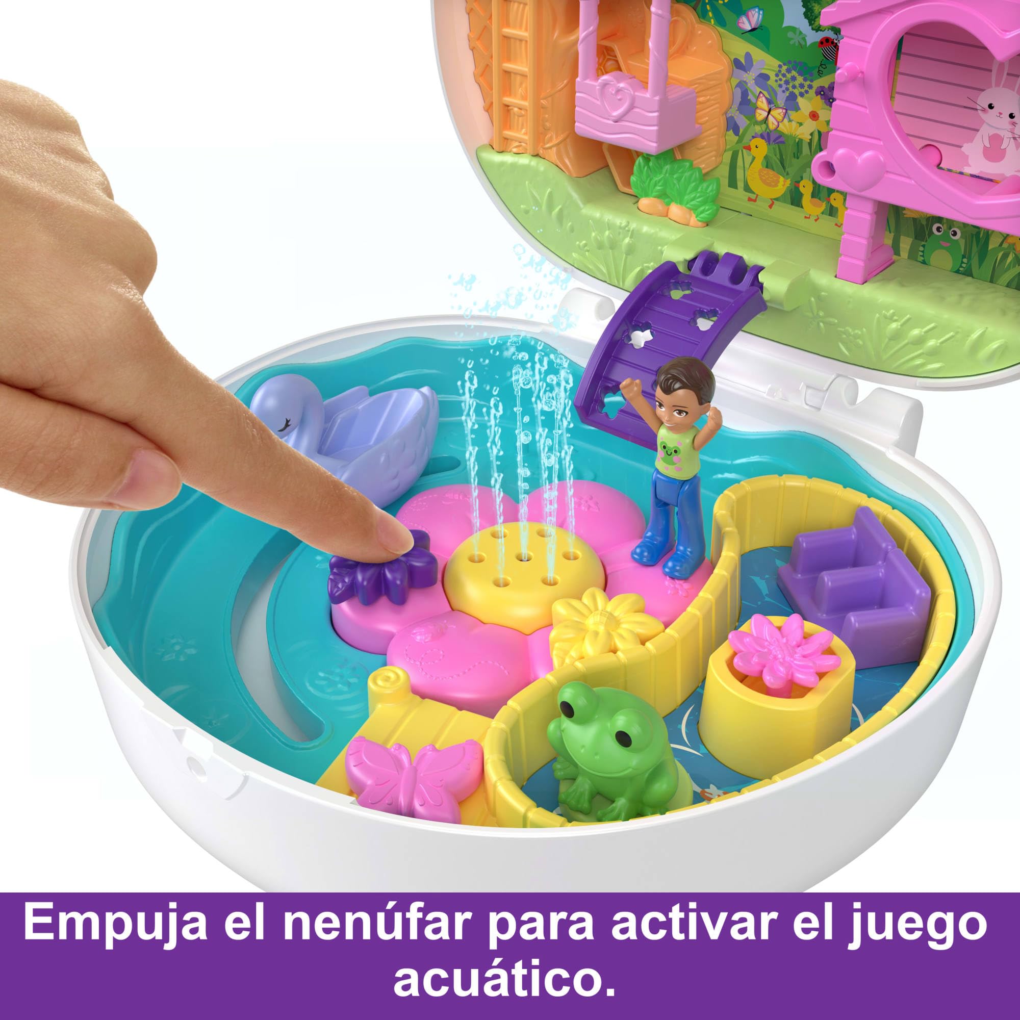 Polly Pocke Conejito de jardín con flores Estuche, conjunto de juego y muñecas, juguetes de animales, incluye juegos acuáticos y 2 piezas con cambio de color, HKV36