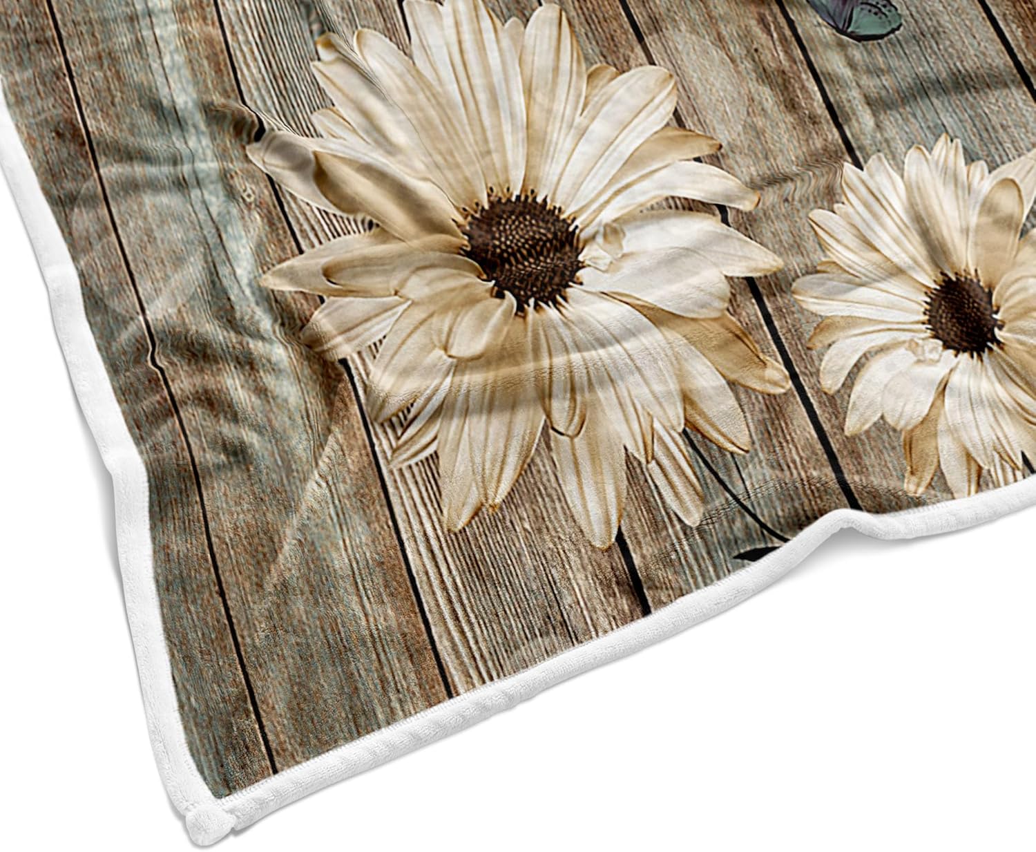 Rustic Floral Throw Blankets, Elegant Daisy Flower Butterflies Cozy Warm Bed Couch Blanket, Farmhouse Barn Wood Vintage Fabric White Fleece Flannel Throws to Decorate The Room and Bedroom