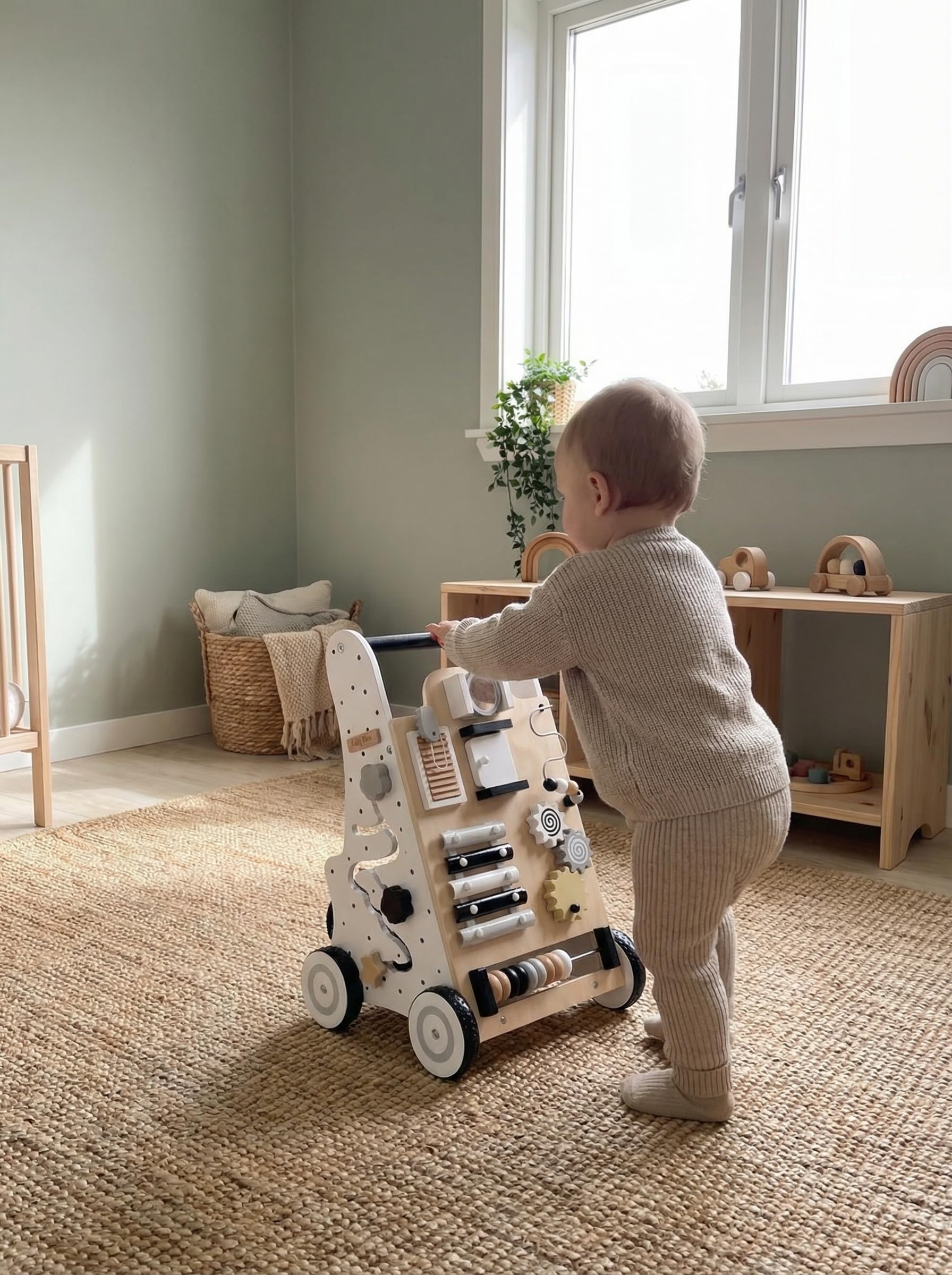 KiddyMoon Trotteur Avec Un Tableau D'activité, Bois Chariot De Marche Pour Bébé Multifonctionnel WK-001, Noir-Blanc