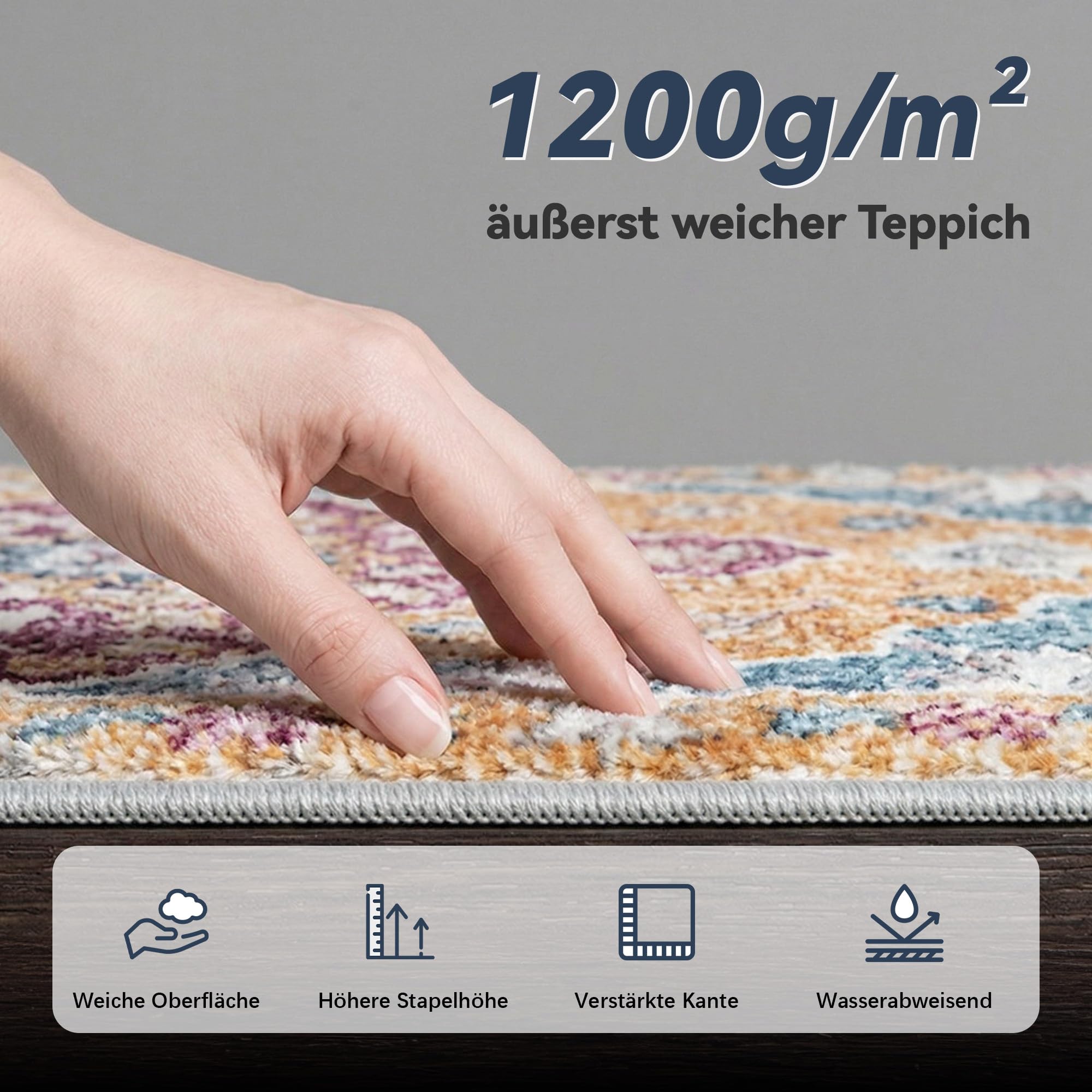 Boho Retro Wohnzimmer Teppich 160x230 cm, Kurzflor Teppich mit Blumenmuster, 1200g/m³ Polyester Maschinwaschbar mit Rutschfester TPE-Unterlage für Schlafzimmer, Esszimmer, Küche, läufer, Bunt