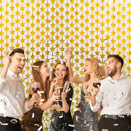 Miniatura 5 de LOLStar Paquete de 2 decoraciones de cumpleaños con estrellas doradas de 3.3 x 6.6 pies, cortinas de fondo de fiesta dorada con flecos para novia,